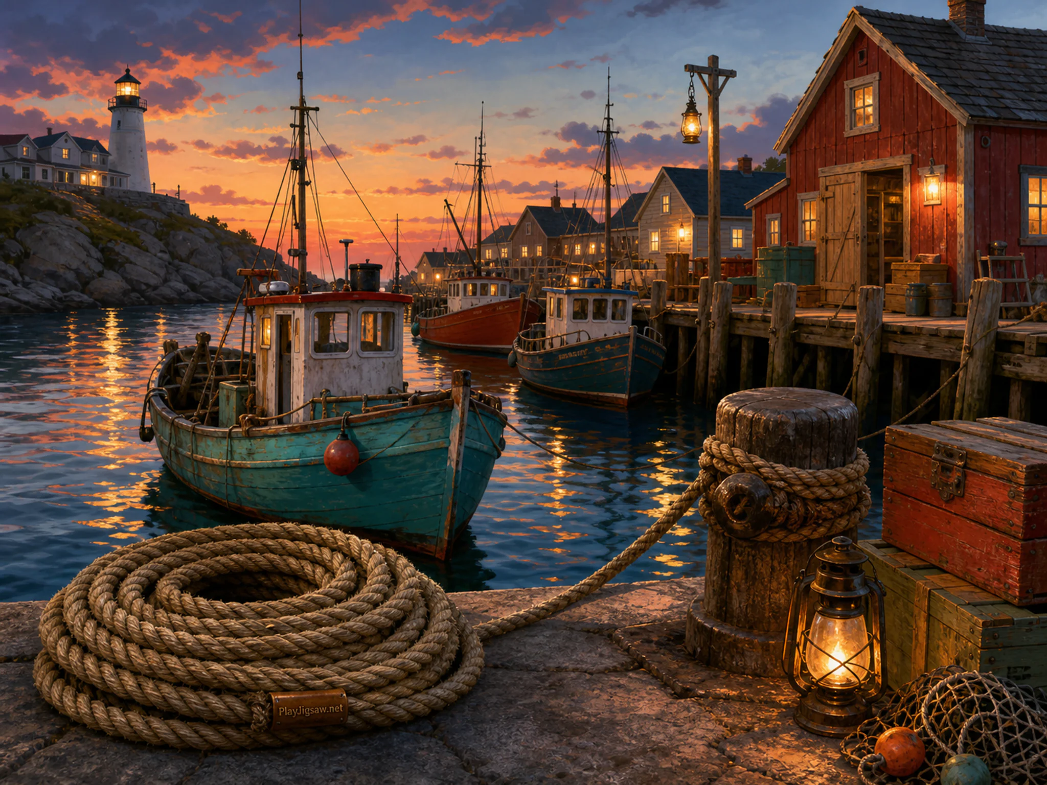 Fishing Harbor secured beside coiled harbor rope in a rope-lined working quay, with layered scenery and golden lamplight at dusk.