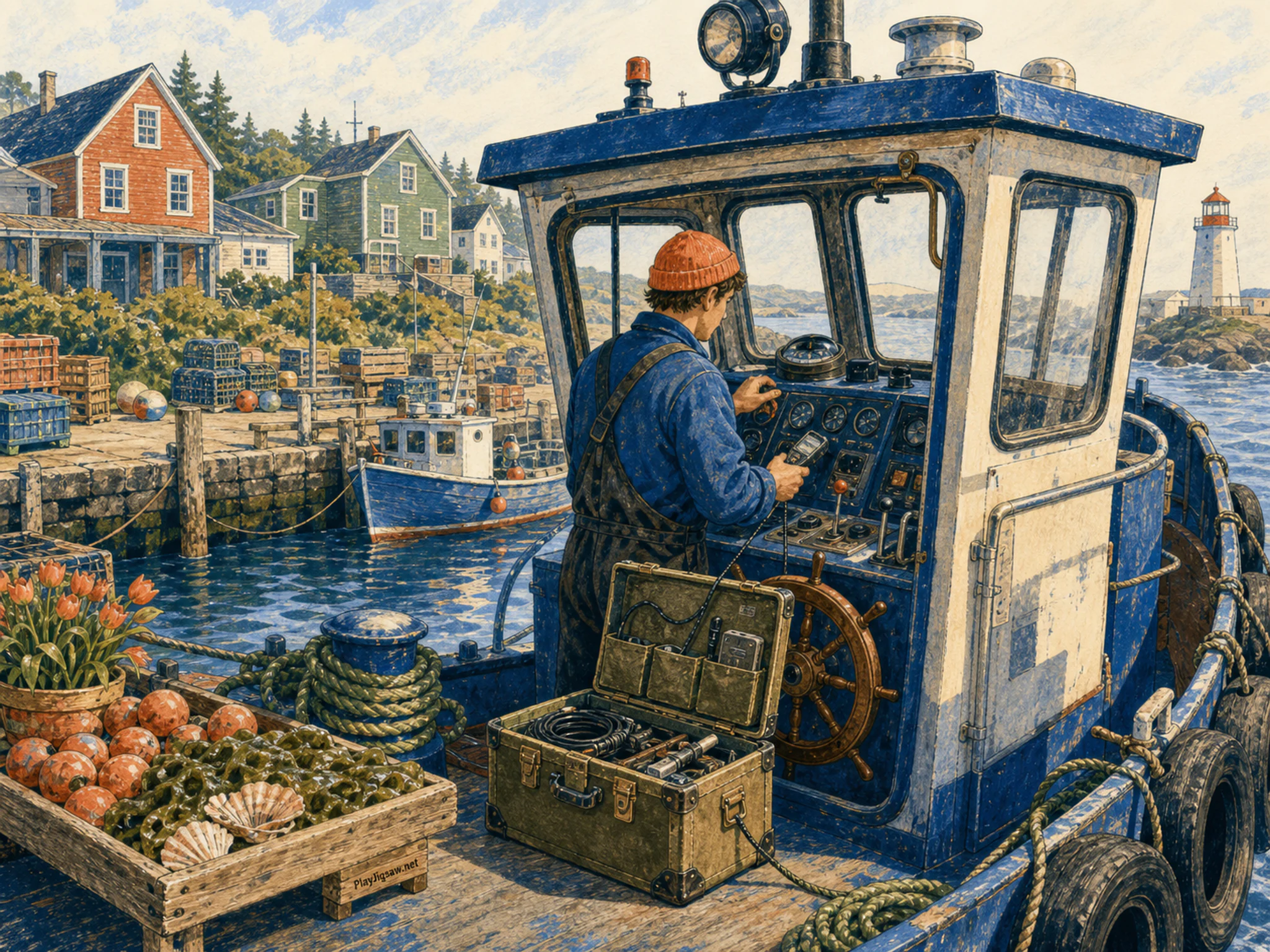 Tug Wheelhouse being calibrated beside canvas expedition case in a colorful coastal settlement, with layered scenery and bright diffused window light.