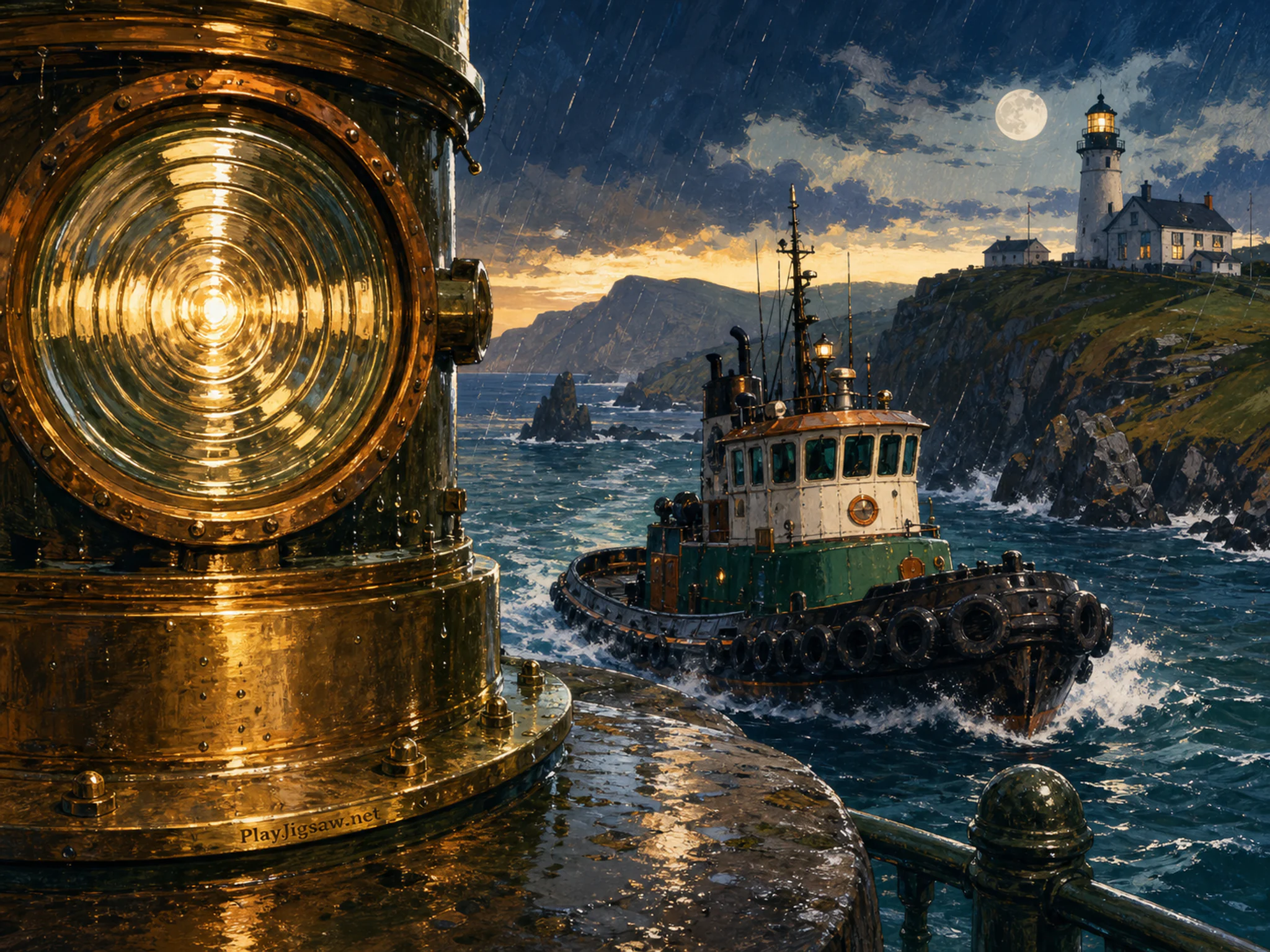 Tug Wheelhouse cutting across polished brass lens in a wind-bright beacon headland, with layered scenery and gentle rain with crisp reflections.