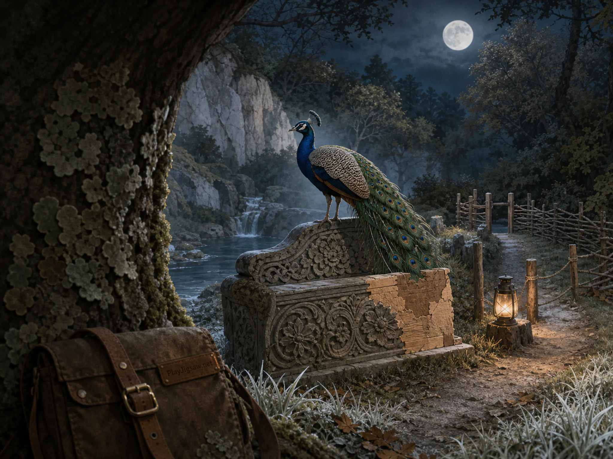 Garden Peacock perching above carved garden bench in a misty woodland creek, composed as view around a near corner or natural obstruction, revealing the main subject.