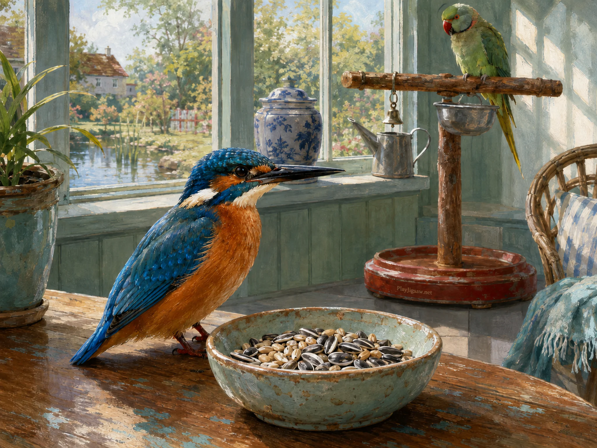 pond kingfisher appearing naturally beside a ceramic seed bowl in a home conservatory corner with a parlor parrot perch, with familiar objects and clear early-morning light.
