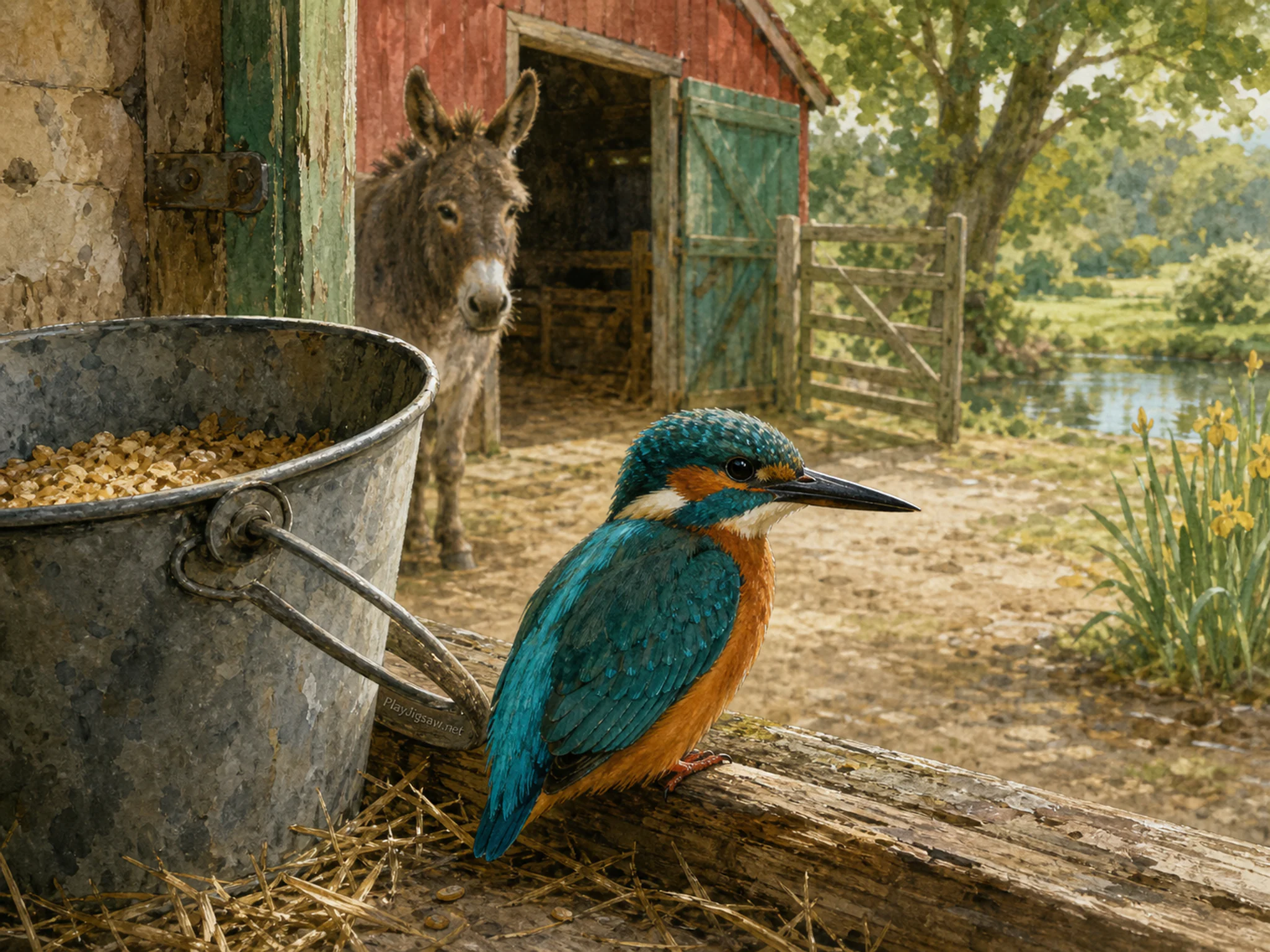 pond kingfisher appearing naturally beside a galvanized feed bucket in a quiet farmyard beside a red barn and a barnyard donkey, with familiar objects and golden kitchen-window.