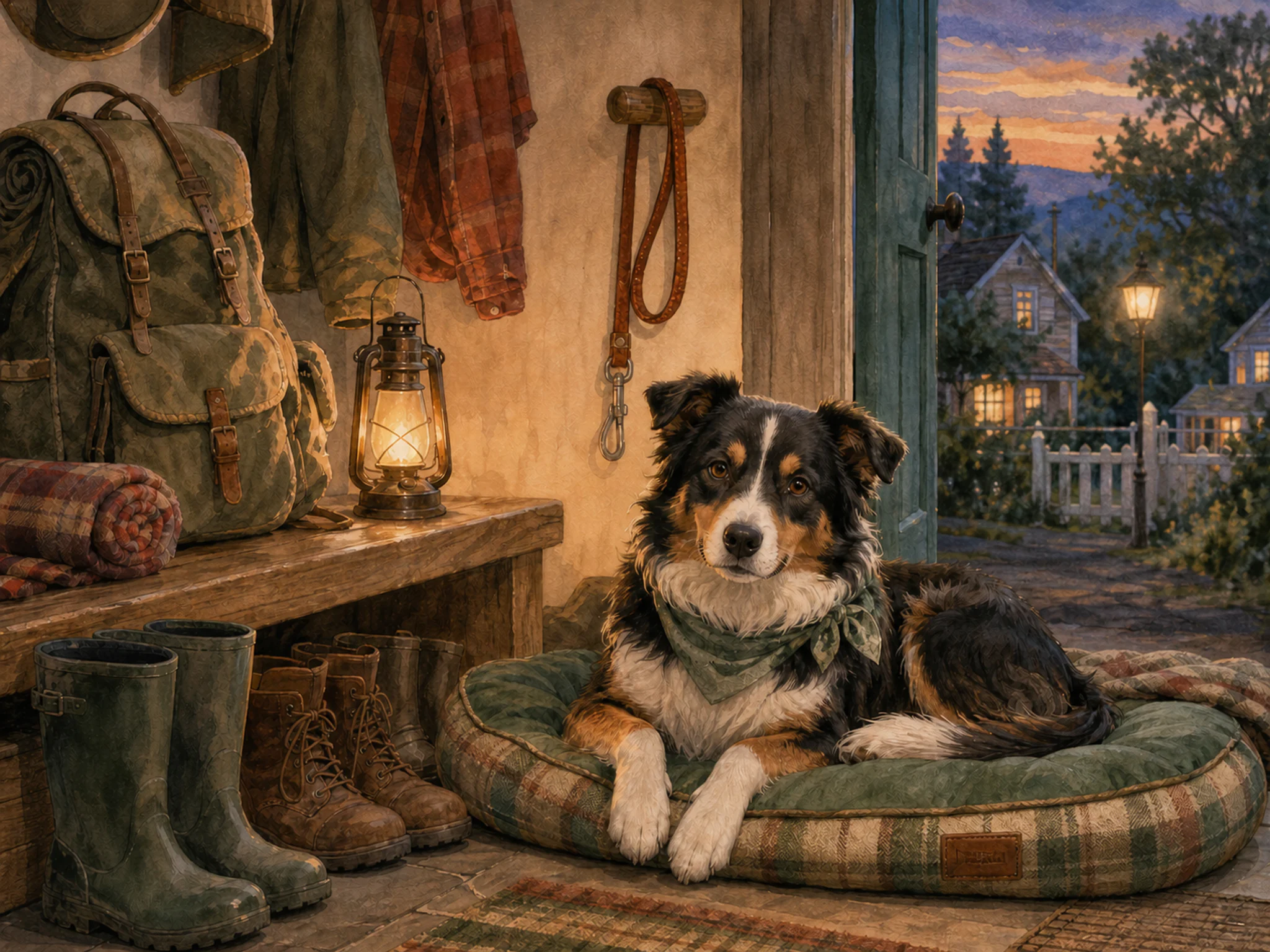 camping dog appearing naturally beside a wooden leash peg in a home mudroom with a dog bed, leash and boots, with familiar objects and warm lamplight at dusk.