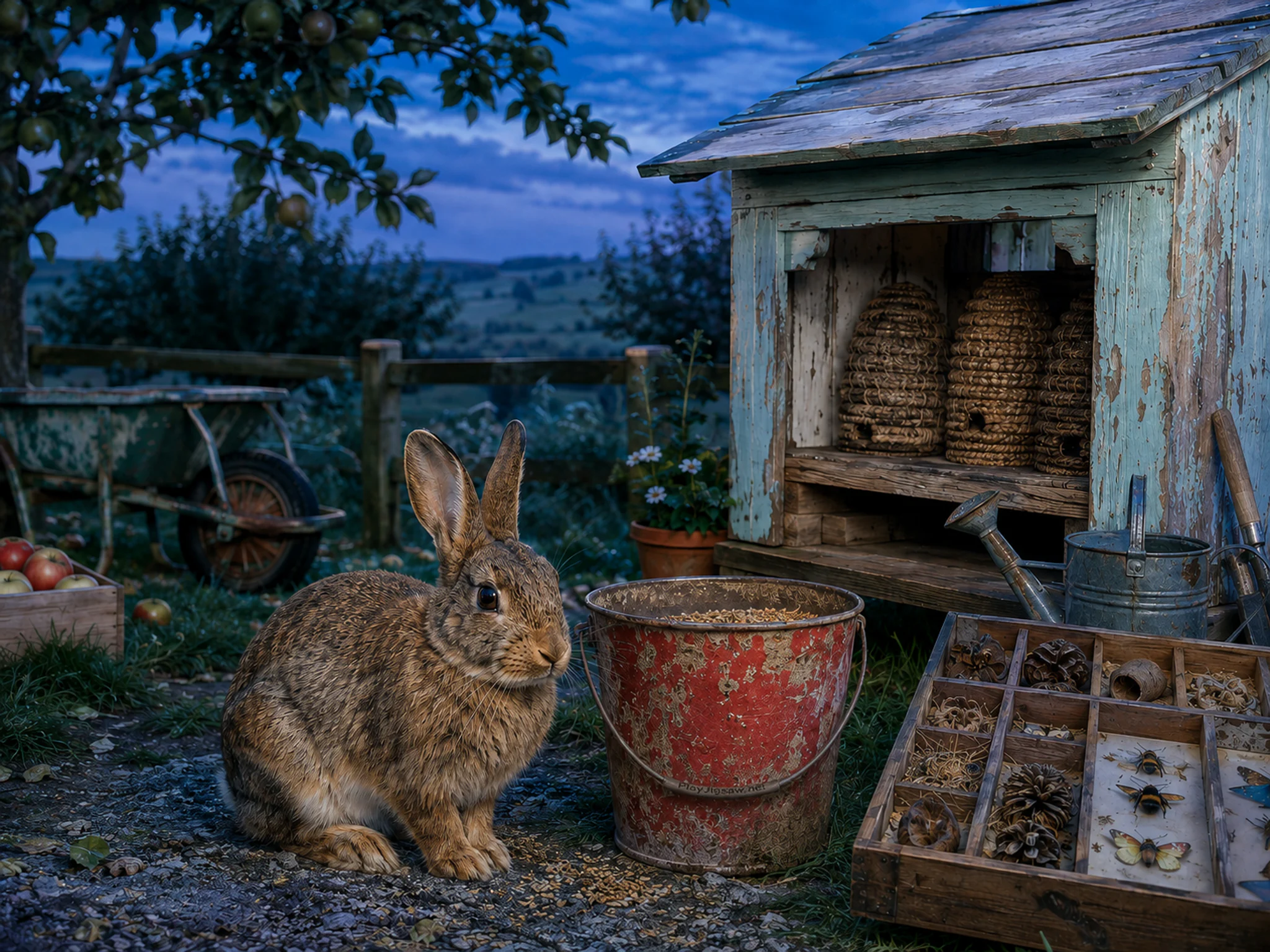 garden rabbit appearing naturally beside a weathered feed bucket in a small orchard bee shed beside a wooden specimen tray, with familiar objects and cool blue-hour light.