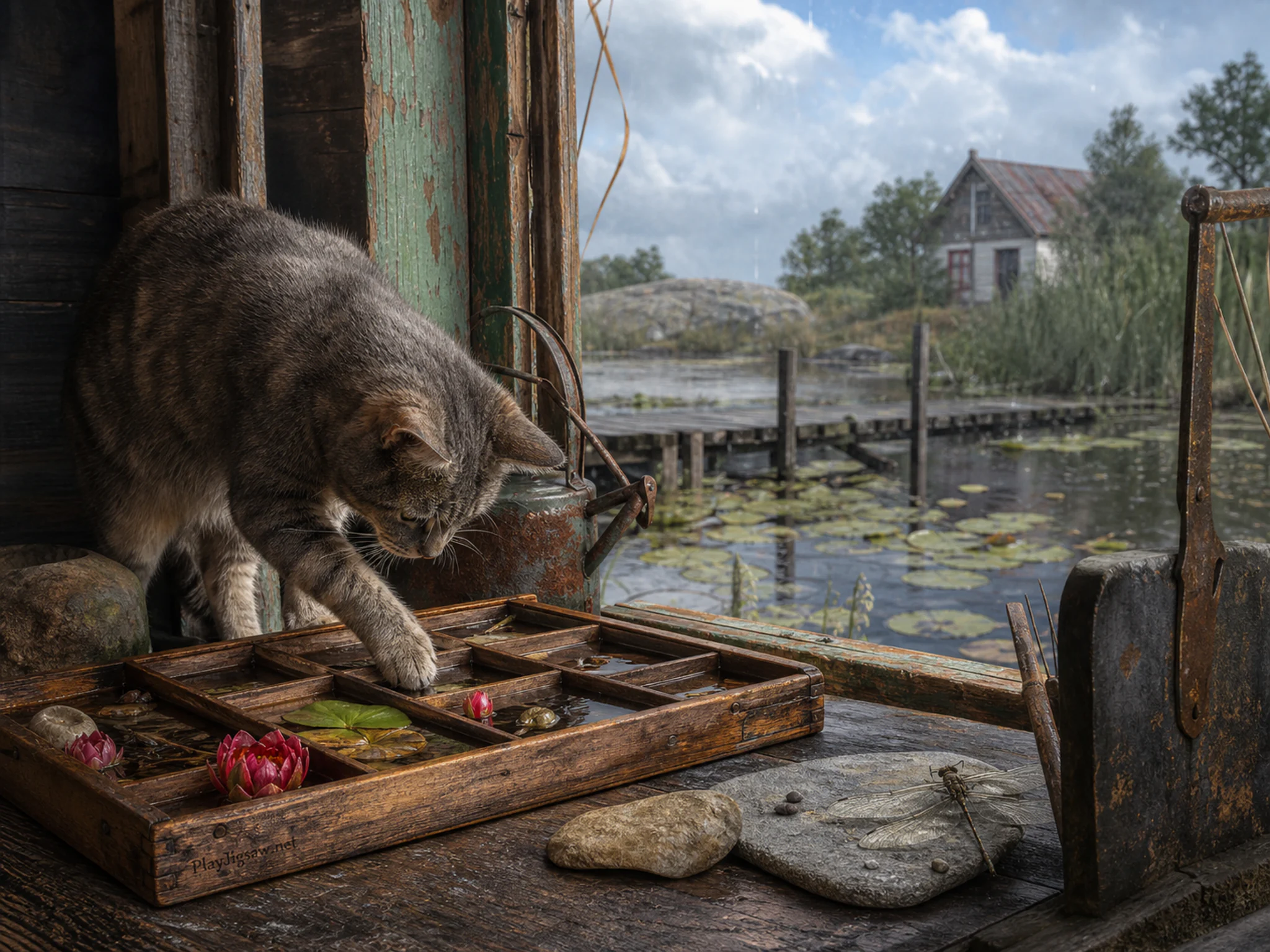 Window Cat foraging around wooden specimen tray in a quiet lily pond, composed as sheltered foreground looking outward into exposed weather, with the main subject connecting the.