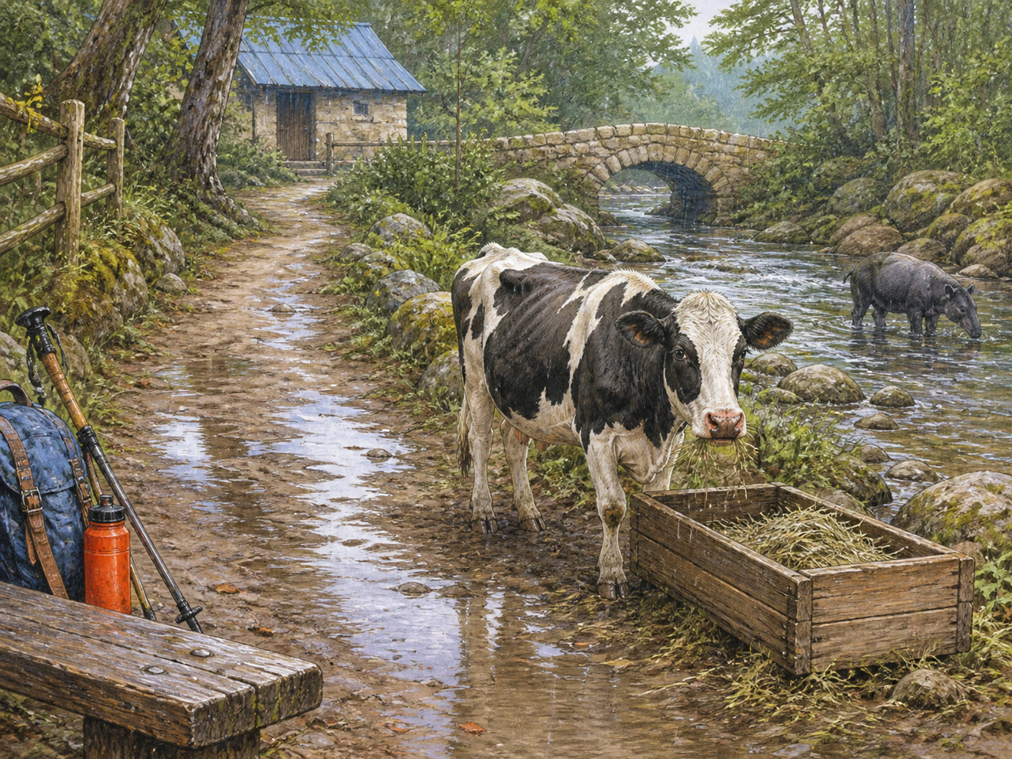 dairy cow appearing naturally beside a wooden feed box in a quiet woodland-creek habitat with a forest tapir and familiar trail gear, with familiar objects and gentle rain with.