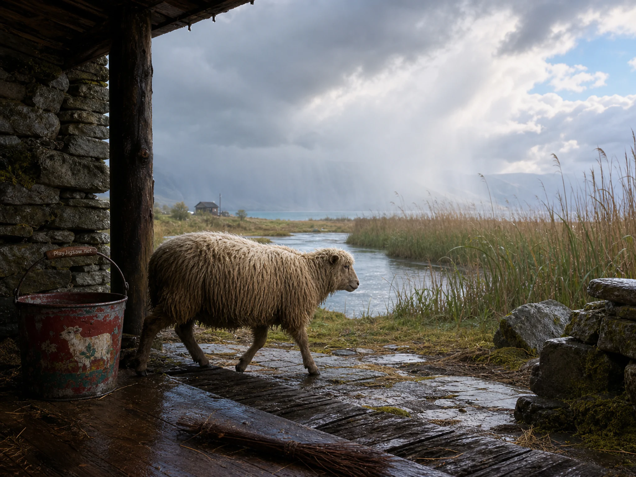 Highland Sheep walking past painted feed bucket in a reed-lined wetland, composed as sheltered foreground looking outward into exposed weather, with the main subject connecting.