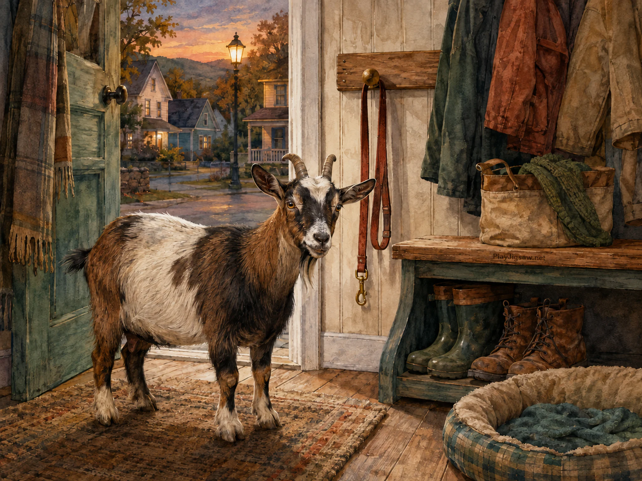 orchard goat appearing naturally beside a wooden leash peg in a home mudroom with a dog bed, leash and boots, with familiar objects and warm lamplight at dusk.