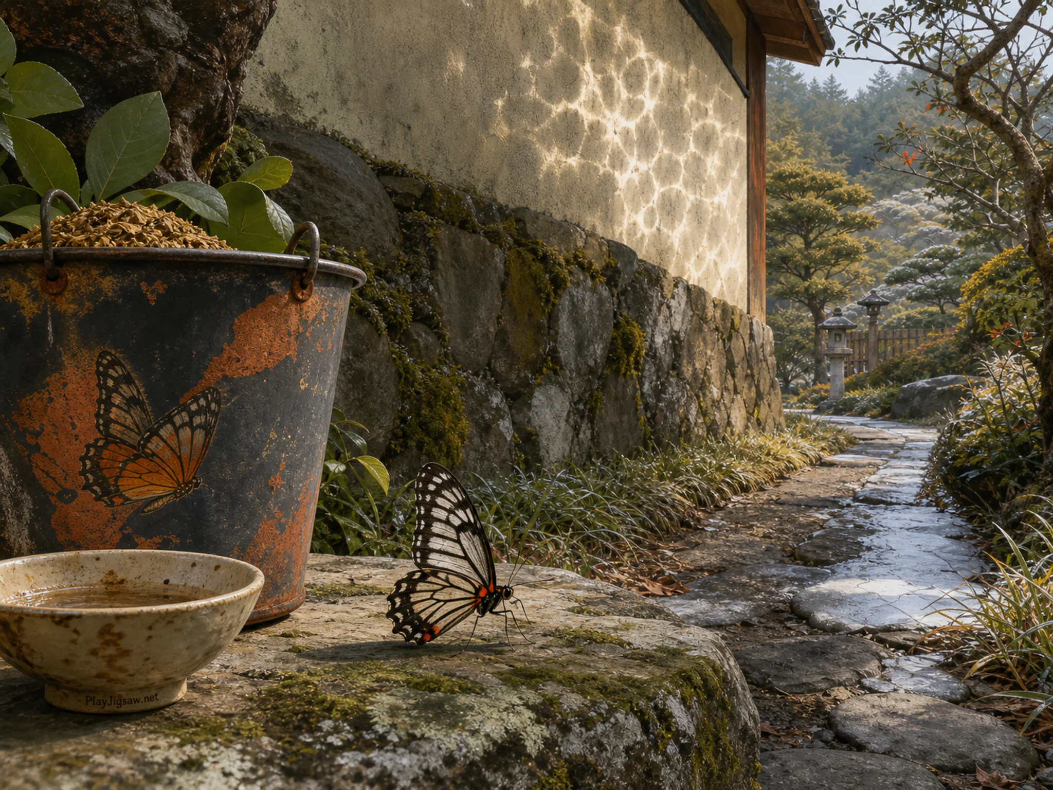 Glasshouse Butterfly walking past painted feed bucket in a layered garden wall, composed as wide lateral view structured by an irregular shoreline, wall, track, ridge, or garden.