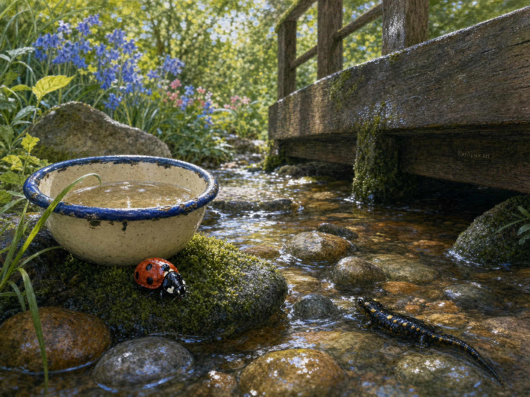meadow ladybug appearing naturally beside a small enamel field bowl in a shaded garden creek with a salamander and wet stones, with familiar objects and sun after a brief rain.