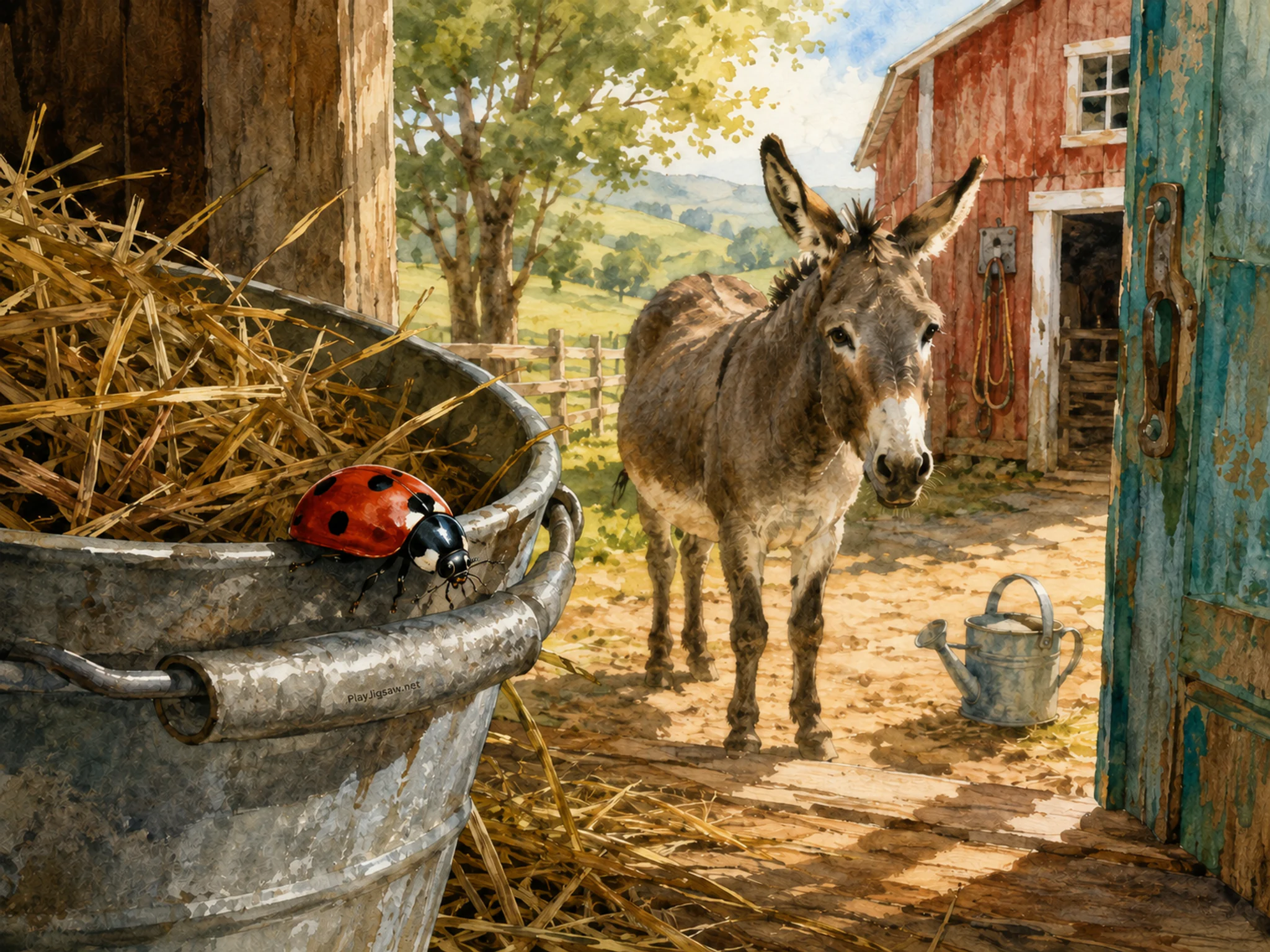 meadow ladybug appearing naturally beside a galvanized feed bucket in a quiet farmyard beside a red barn and a barnyard donkey, with familiar objects and golden kitchen-window.