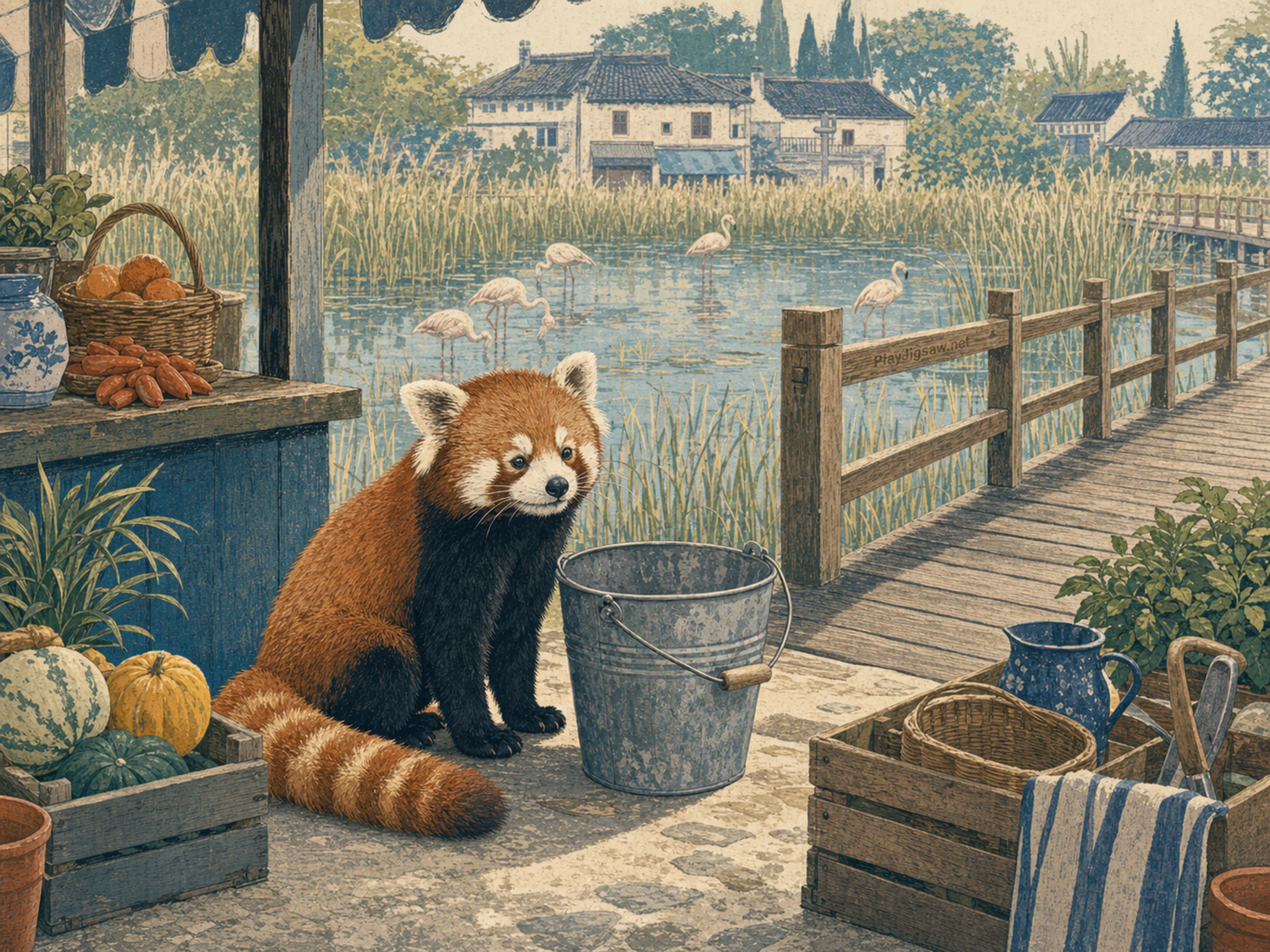 bamboo red panda appearing naturally beside a galvanized field bucket in a reed-lined wetland pond with delta flamingos and a wooden boardwalk, with familiar objects and bright.