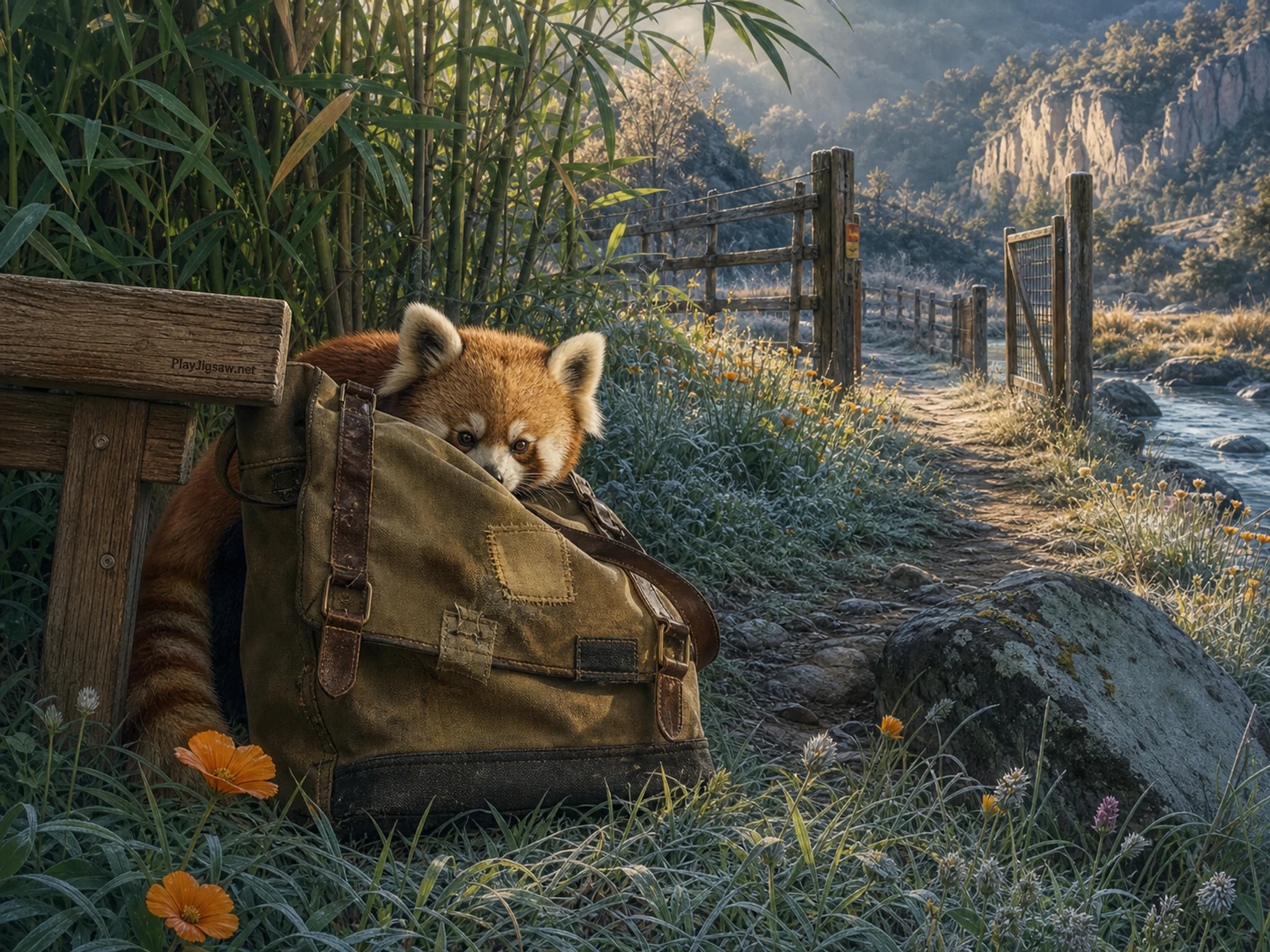 Bamboo Red Panda sheltering behind canvas ranger satchel in a flower meadow edge, composed as wide lateral view structured by an irregular shoreline, wall, track, ridge, or.