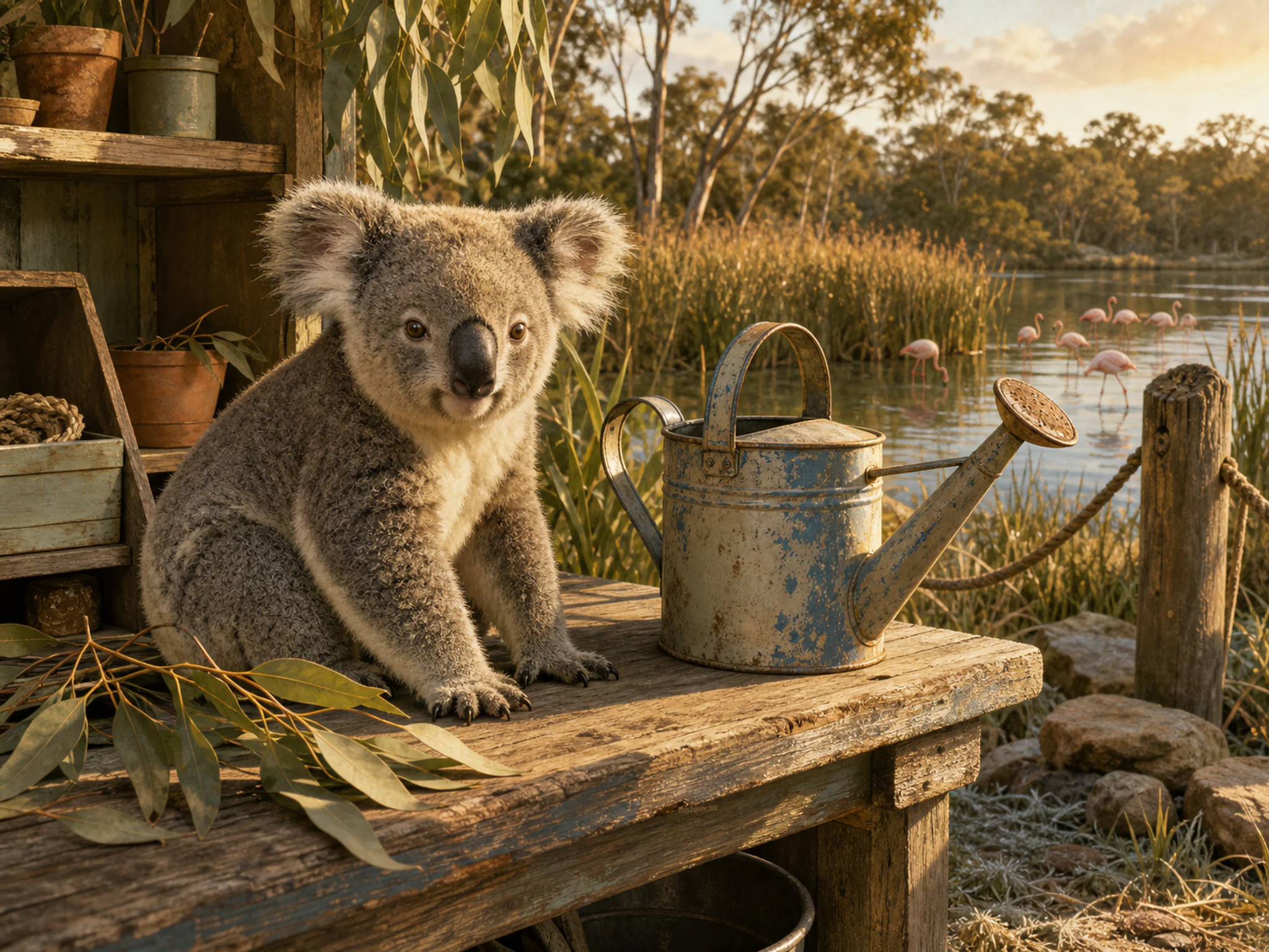 eucalyptus koala appearing naturally beside a painted watering can in a second reed-lined wetland pond with delta flamingos, with familiar objects and warm late-day sunlight.