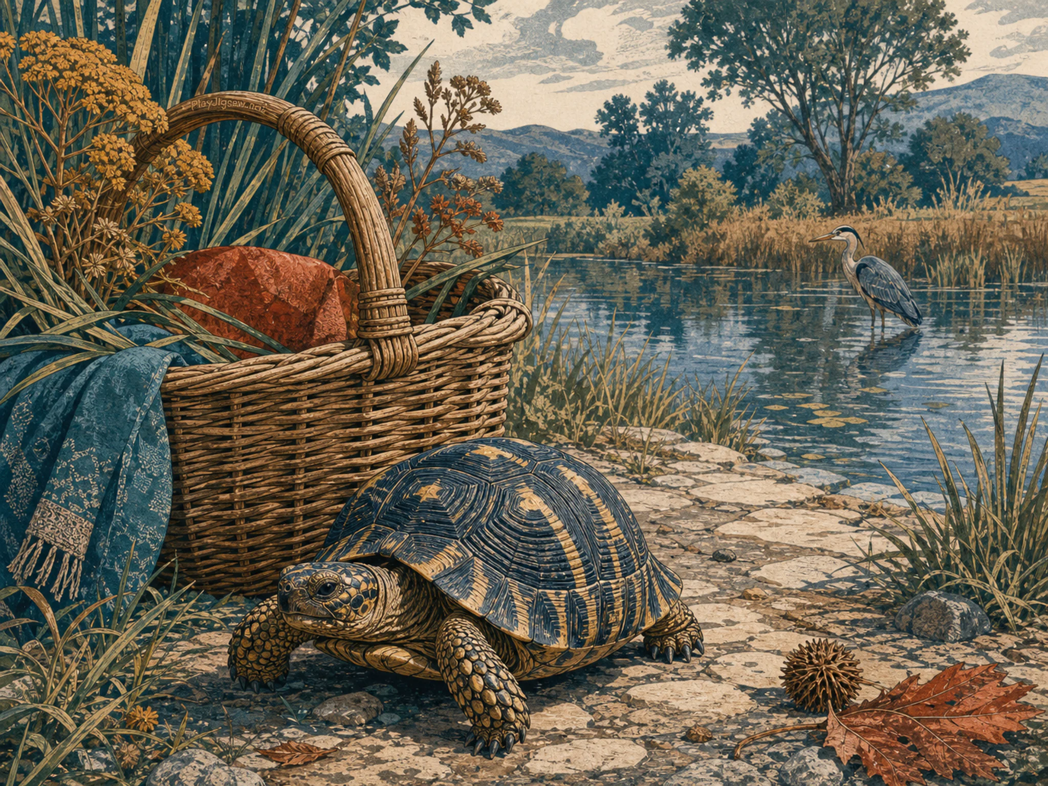 iris tortoise appearing naturally beside a wicker field basket in a familiar riverside pond with a heron, reeds and a stone path, with familiar objects and soft overcast afternoon.