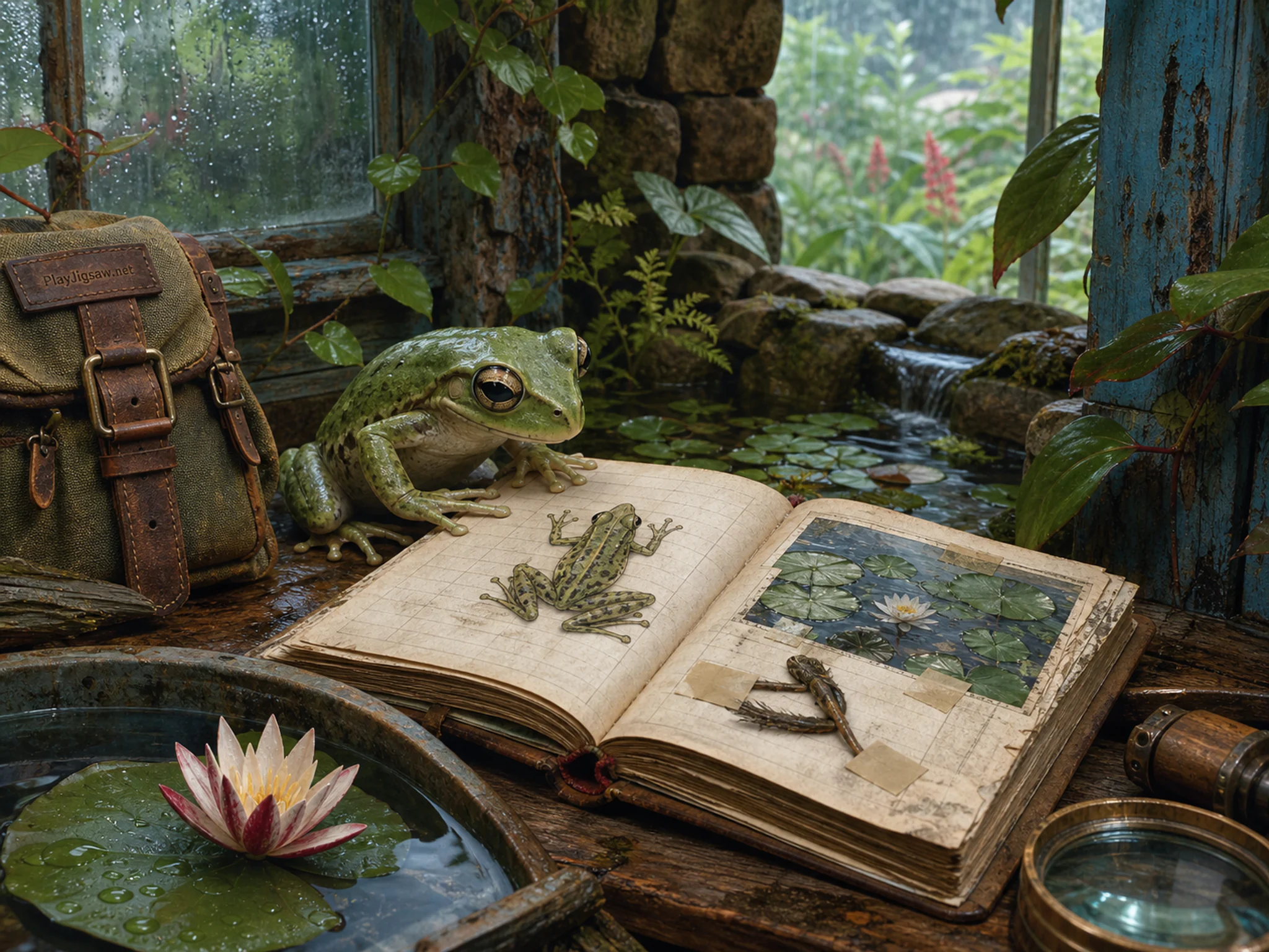 Lily Frog curiously inspecting weathered field journal in a sunlit conservatory corner, composed as calm near-symmetry broken by one working action, one asymmetrical weather.