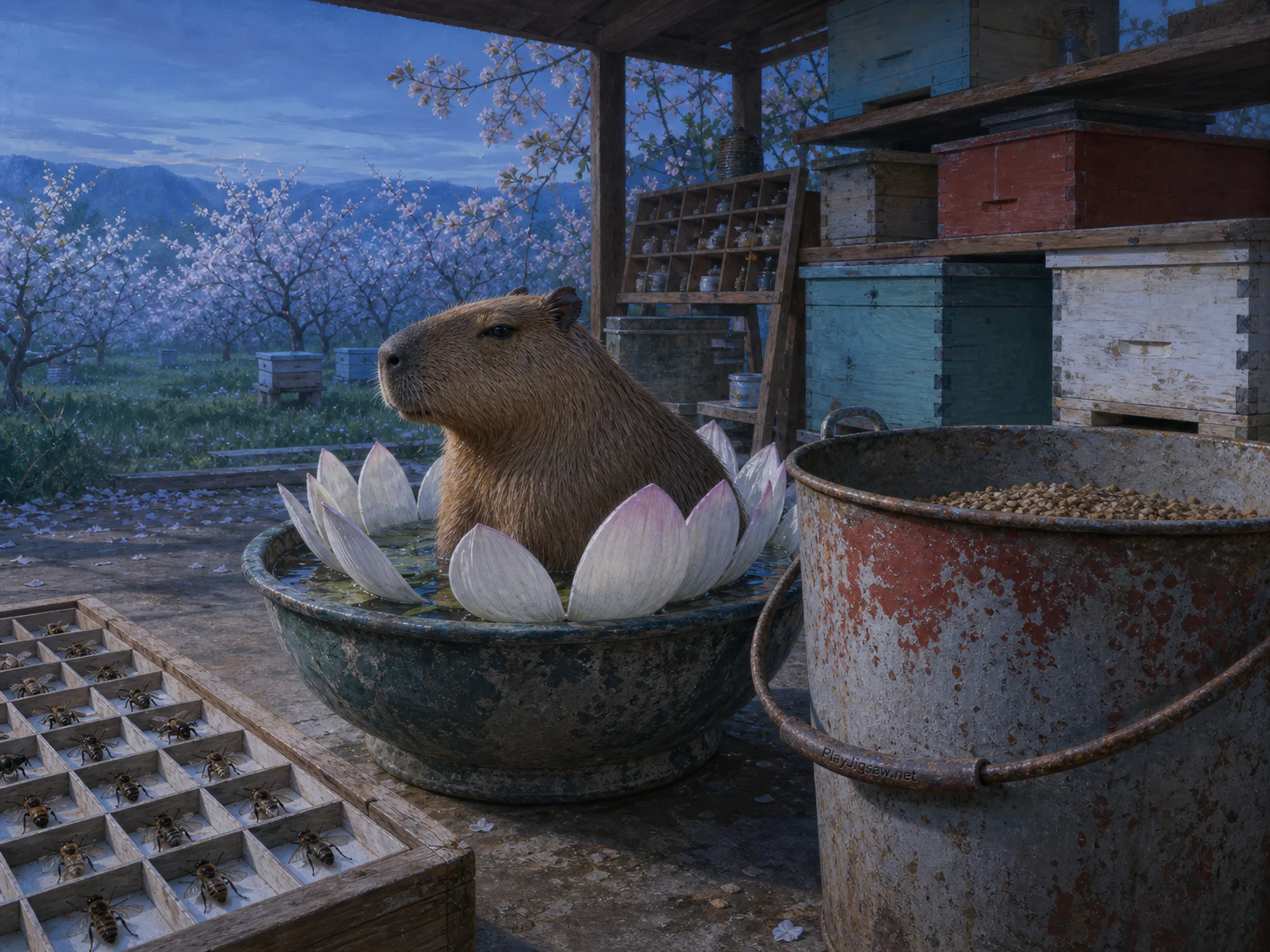lotus capybara appearing naturally beside a weathered feed bucket in a small orchard bee shed beside a wooden specimen tray, with familiar objects and cool blue-hour light.