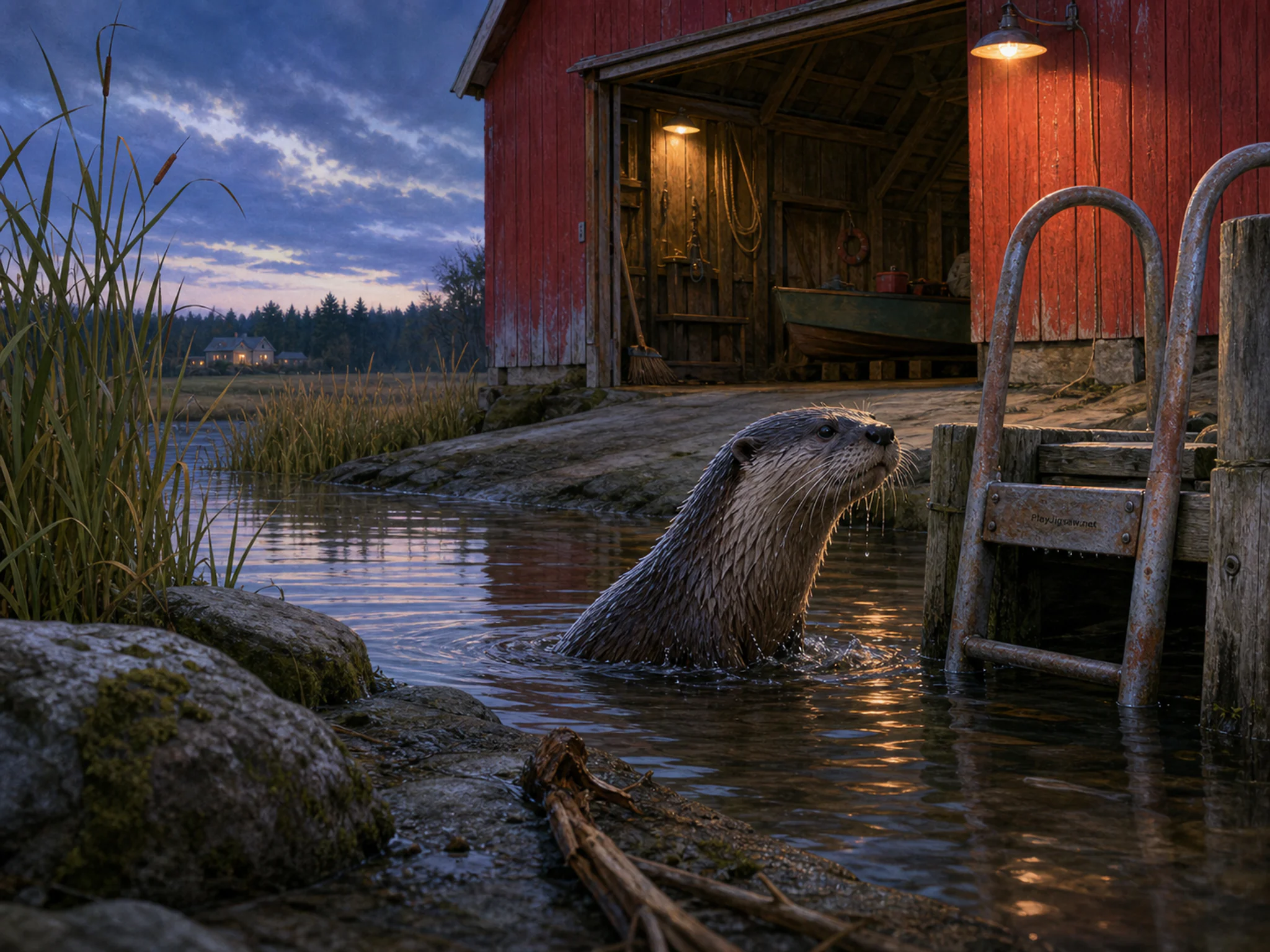 River Otter emerging beside small dock ladder in a working red barn, composed as calm near-symmetry broken by one working action, one asymmetrical weather effect, and one visibly.