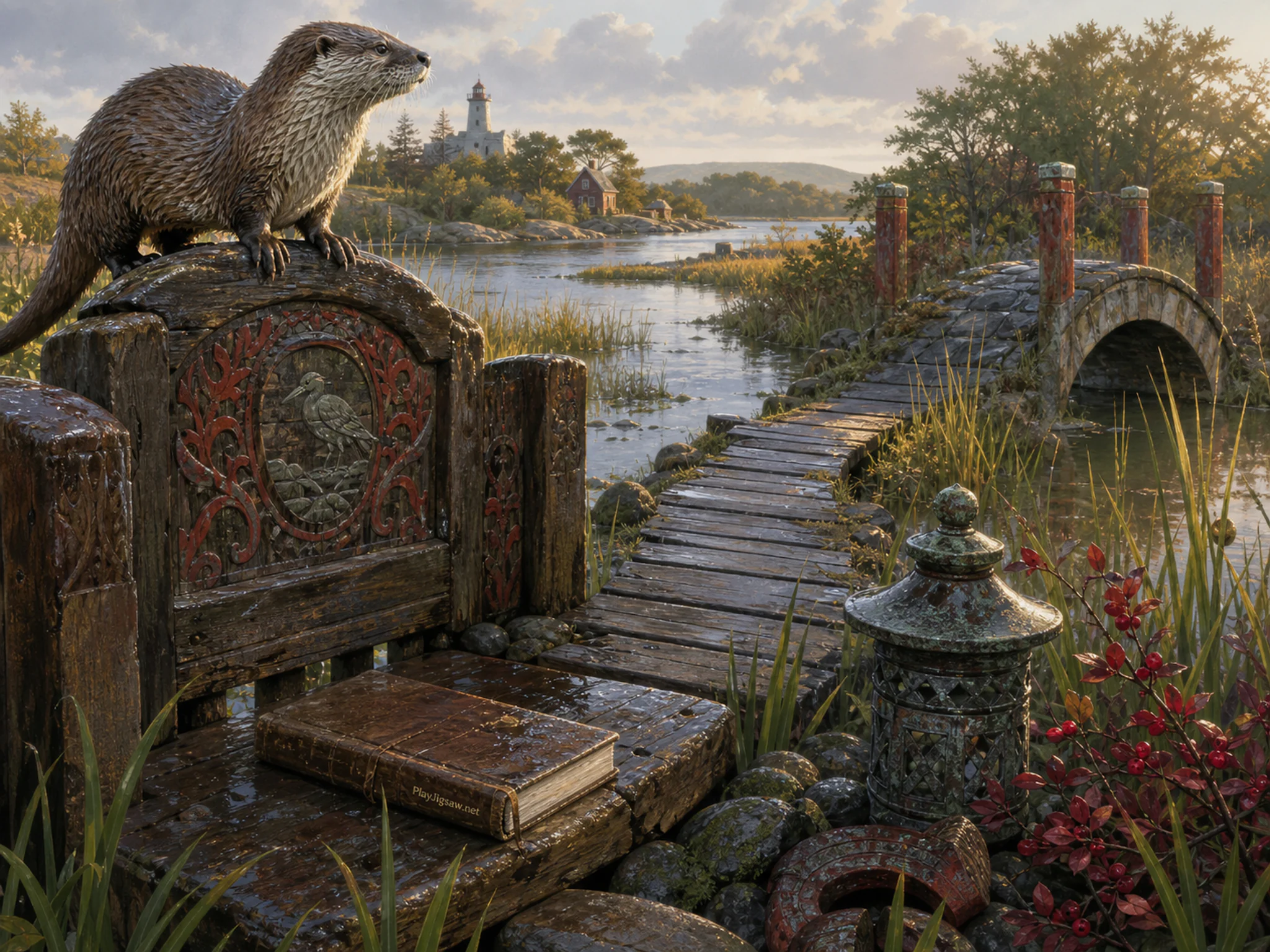 River Otter perching above carved garden bench in a reed-lined wetland, composed as high oblique landscape view with four large terrain or roof shapes, a navigable route, and no.