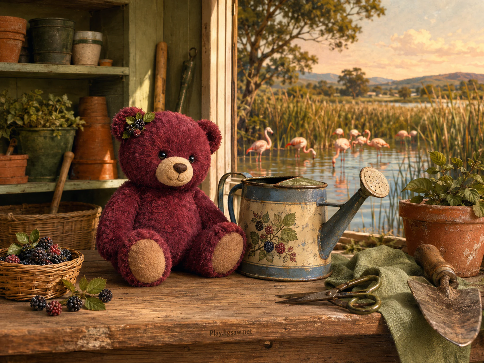 berry bear appearing naturally beside a painted watering can in a second reed-lined wetland pond with delta flamingos, with familiar objects and warm late-day sunlight.