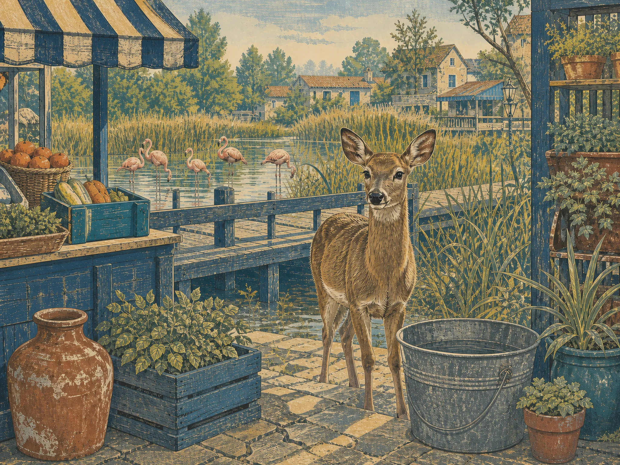 creek deer appearing naturally beside a galvanized field bucket in a reed-lined wetland pond with delta flamingos and a wooden boardwalk, with familiar objects and bright.