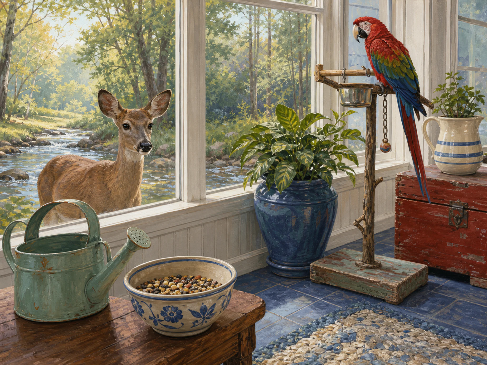 creek deer appearing naturally beside a ceramic seed bowl in a home conservatory corner with a parlor parrot perch, with familiar objects and clear early-morning light.