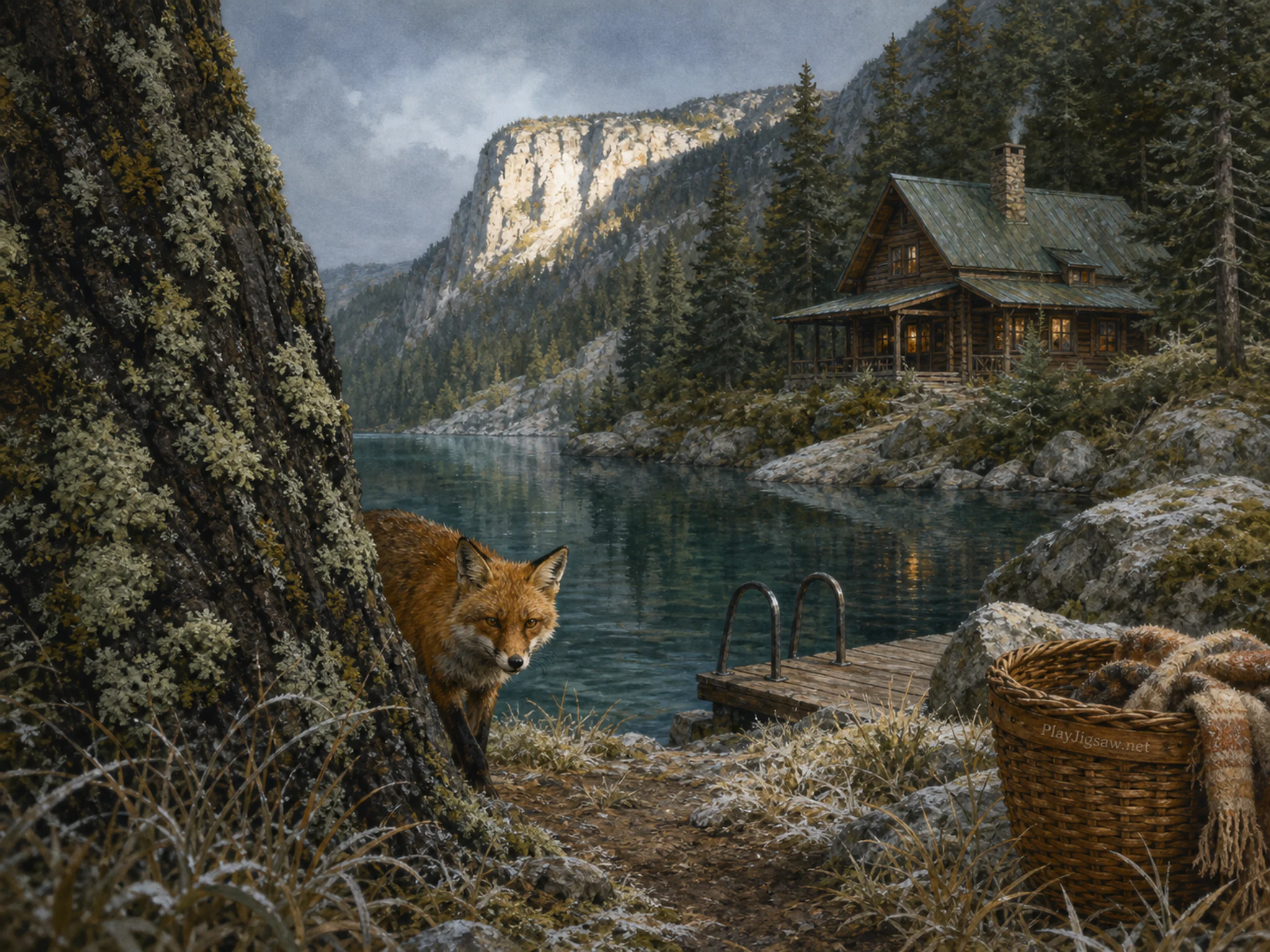 Library Fox emerging beside small dock ladder in a mountain forest refuge, composed as view around a near corner or natural obstruction, revealing the main subject progressively.