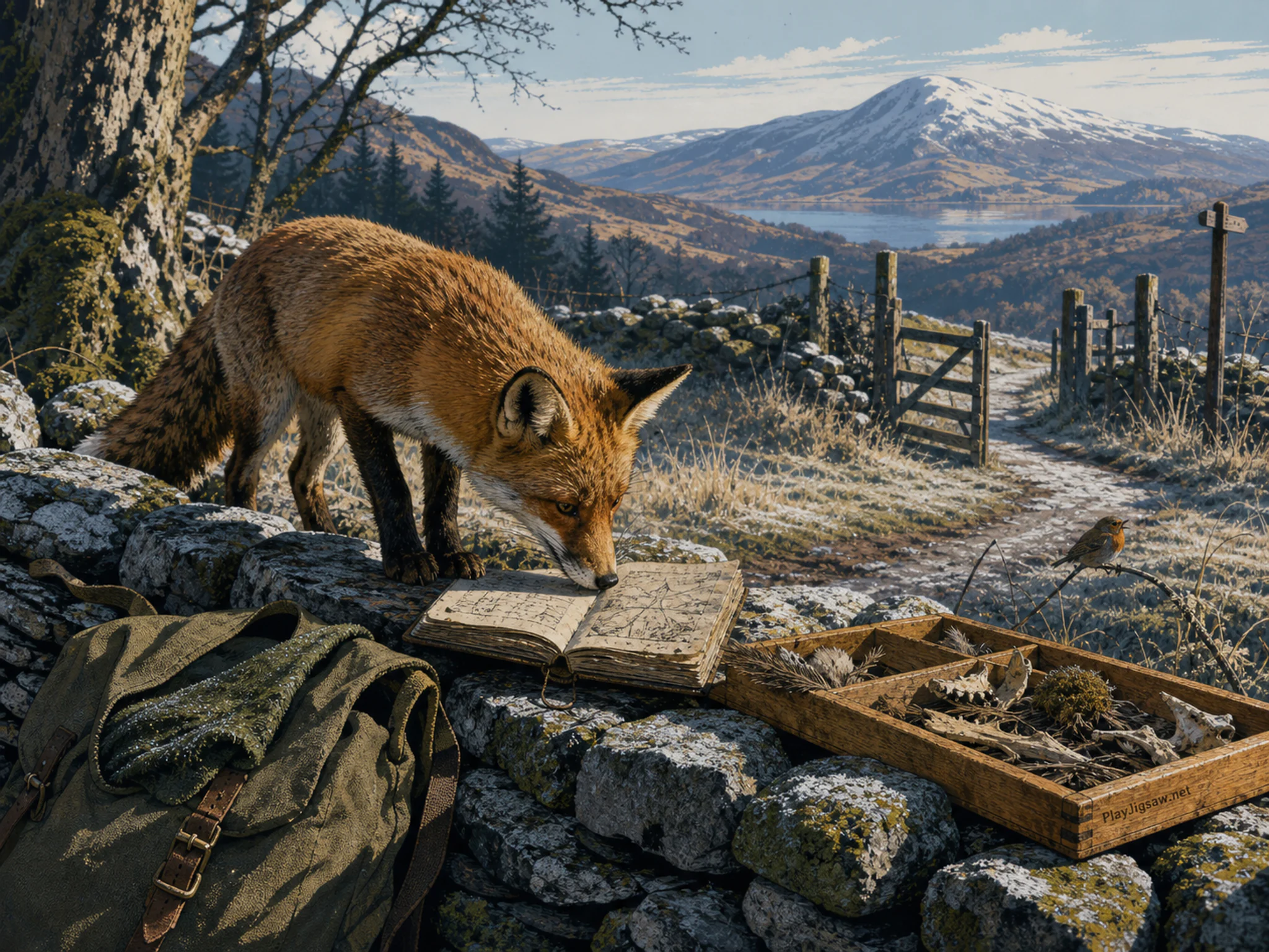Library Fox curiously inspecting weathered field journal in a layered garden wall, composed as elevated three-quarter view from a believable lookout, with a foreground edge, a.