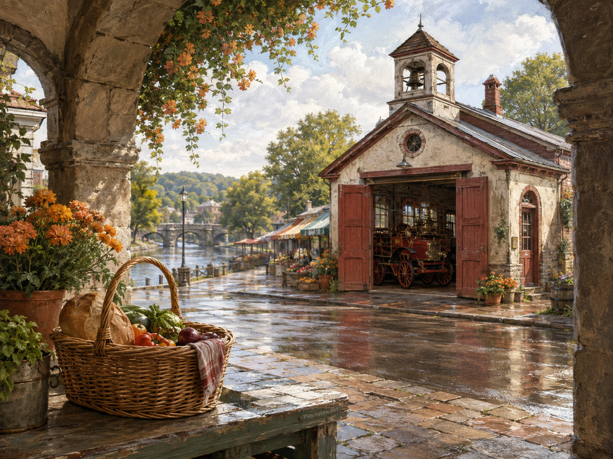 old fire station standing naturally beside a wicker shopping basket in a marigold-lined stone arcade beside a quiet riverside market, with familiar objects and sun after a brief.