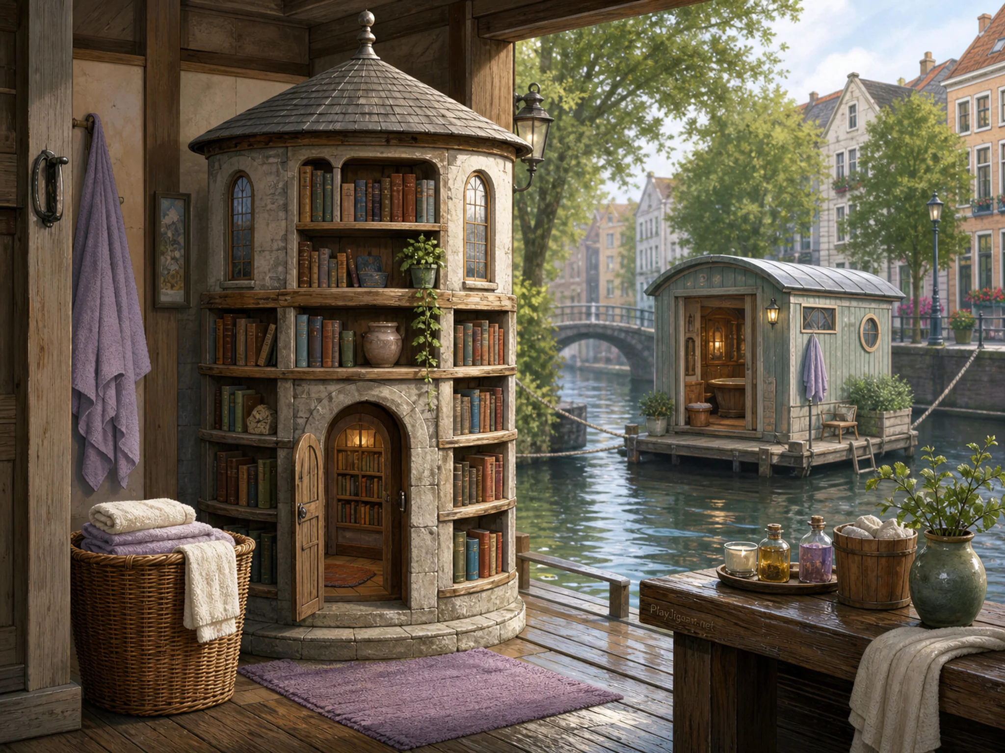 round tower library standing naturally beside a wicker towel basket in a modest floating bathhouse moored beside a tree-lined canal street, with familiar objects and bright.