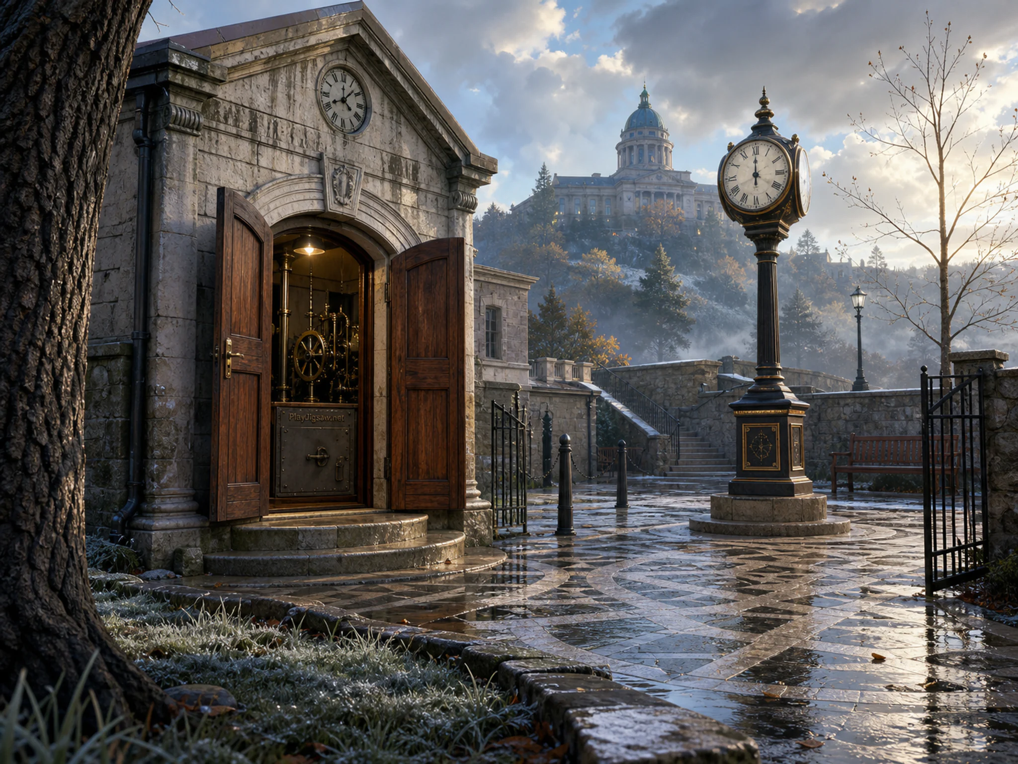 Town Clock Hall opening onto brass public clock in a patterned inner courtyard, composed as ground-level view with a tactile leading edge, a complete midground subject, and a.