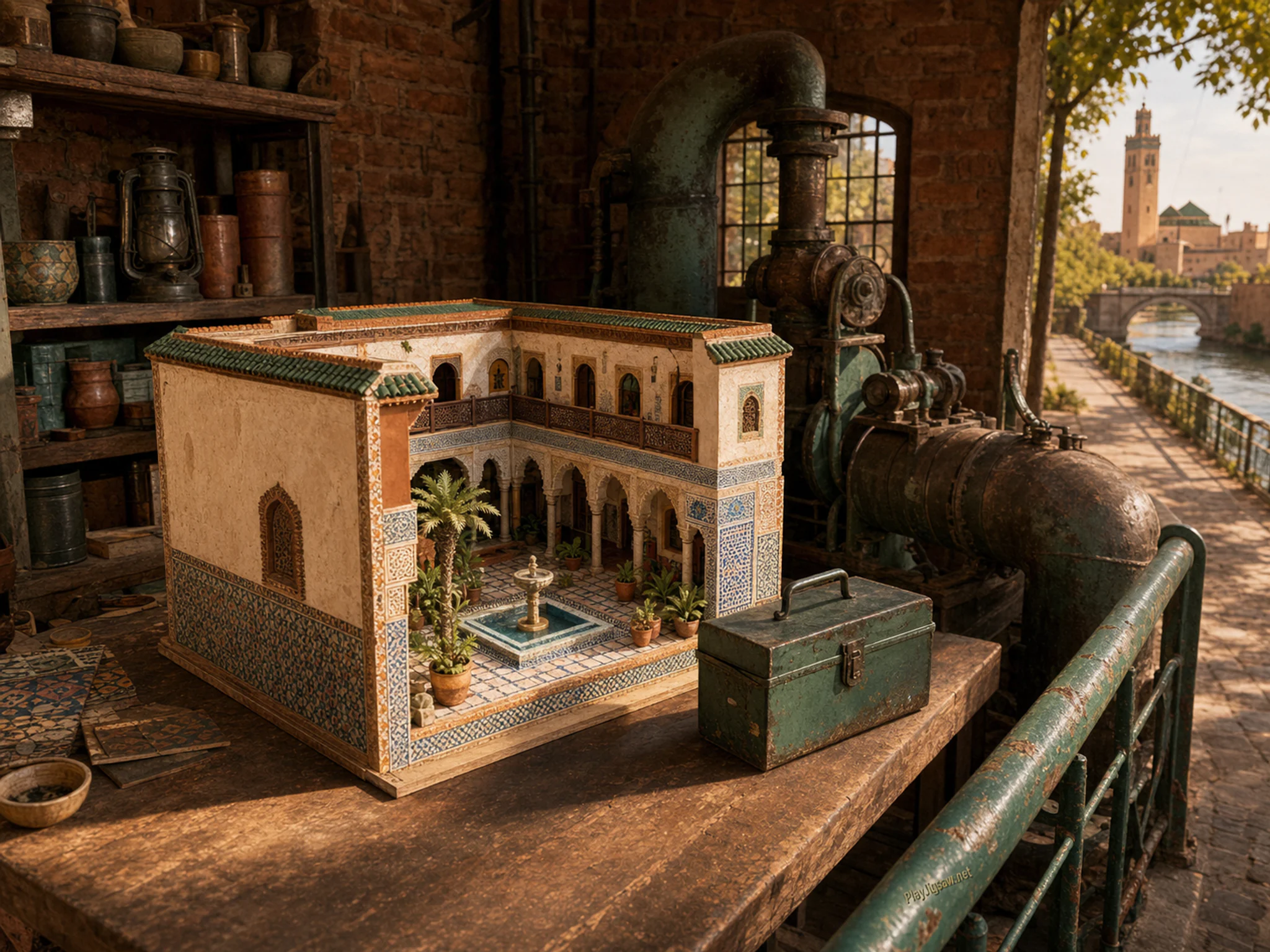mosaic riad standing naturally beside a green metal toolbox in an old copper pump house beside a familiar riverside walking path, with familiar objects and golden kitchen-window.