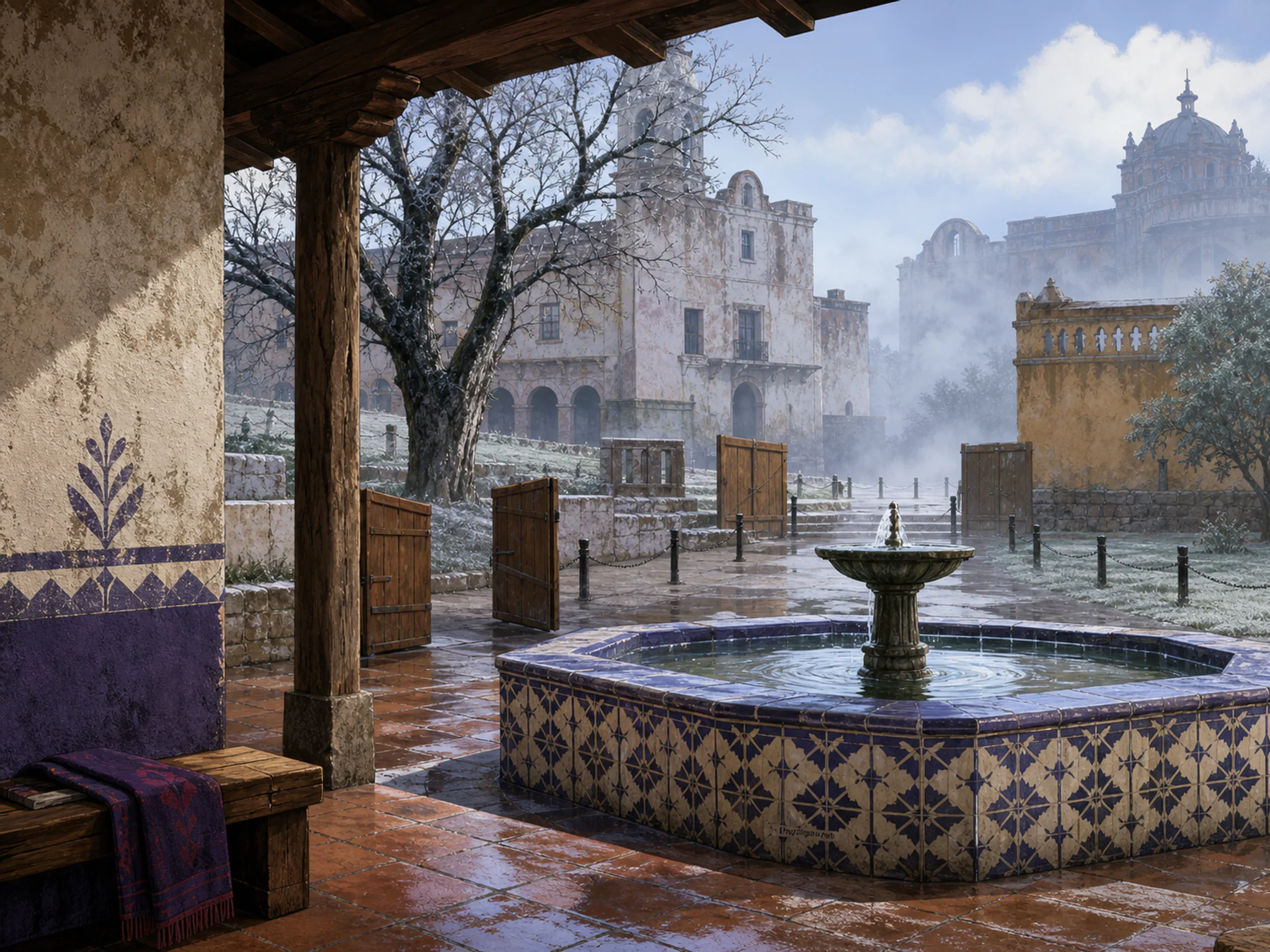 Terracotta Courtyard surrounding tiled fountain basin in an old civic square, composed as sheltered foreground looking outward into exposed weather, with the main subject.