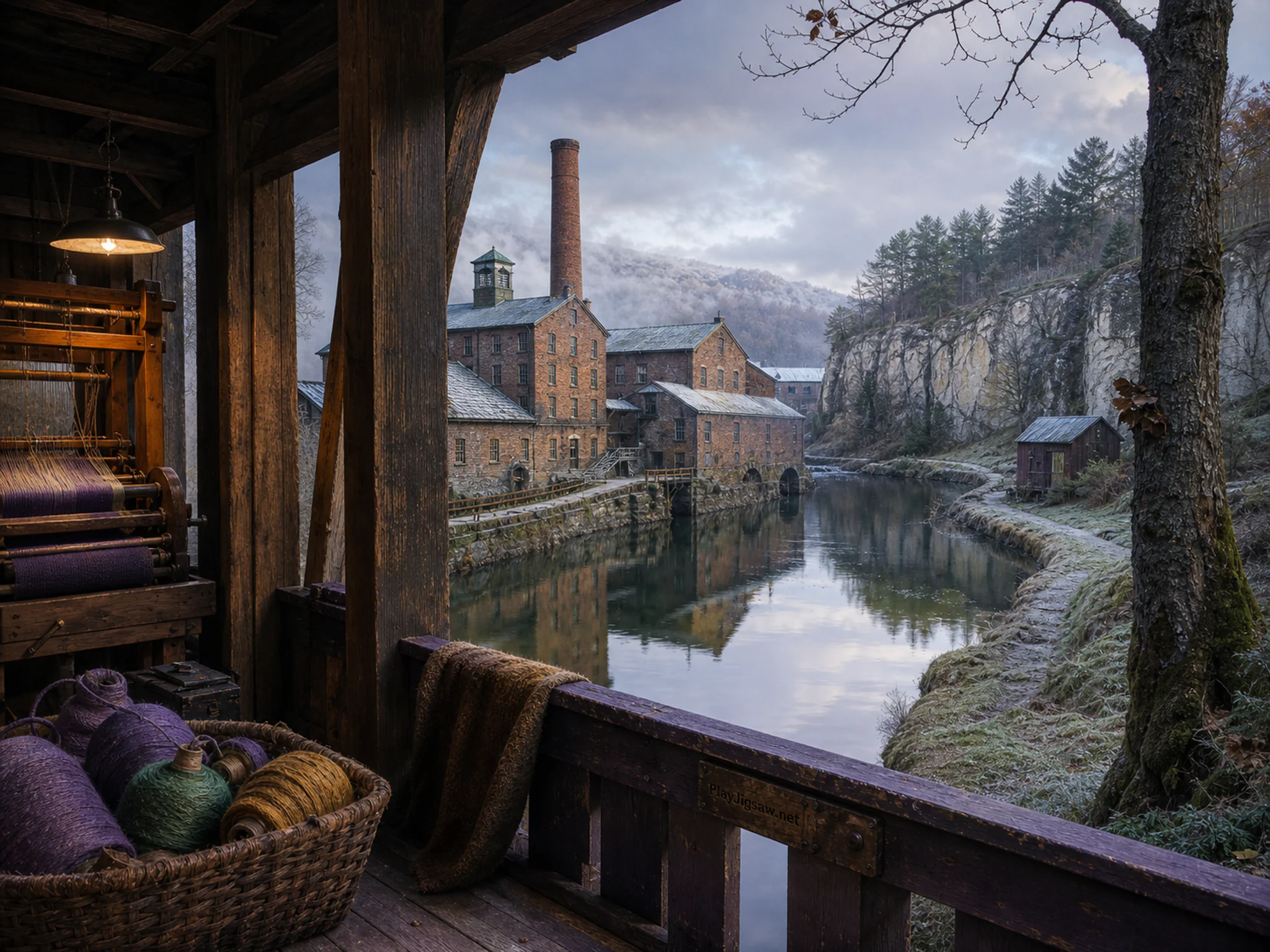 Brick Textile Mill overlooking stone stair landing in a reflective canal bend, composed as sheltered foreground looking outward into exposed weather, with the main subject.