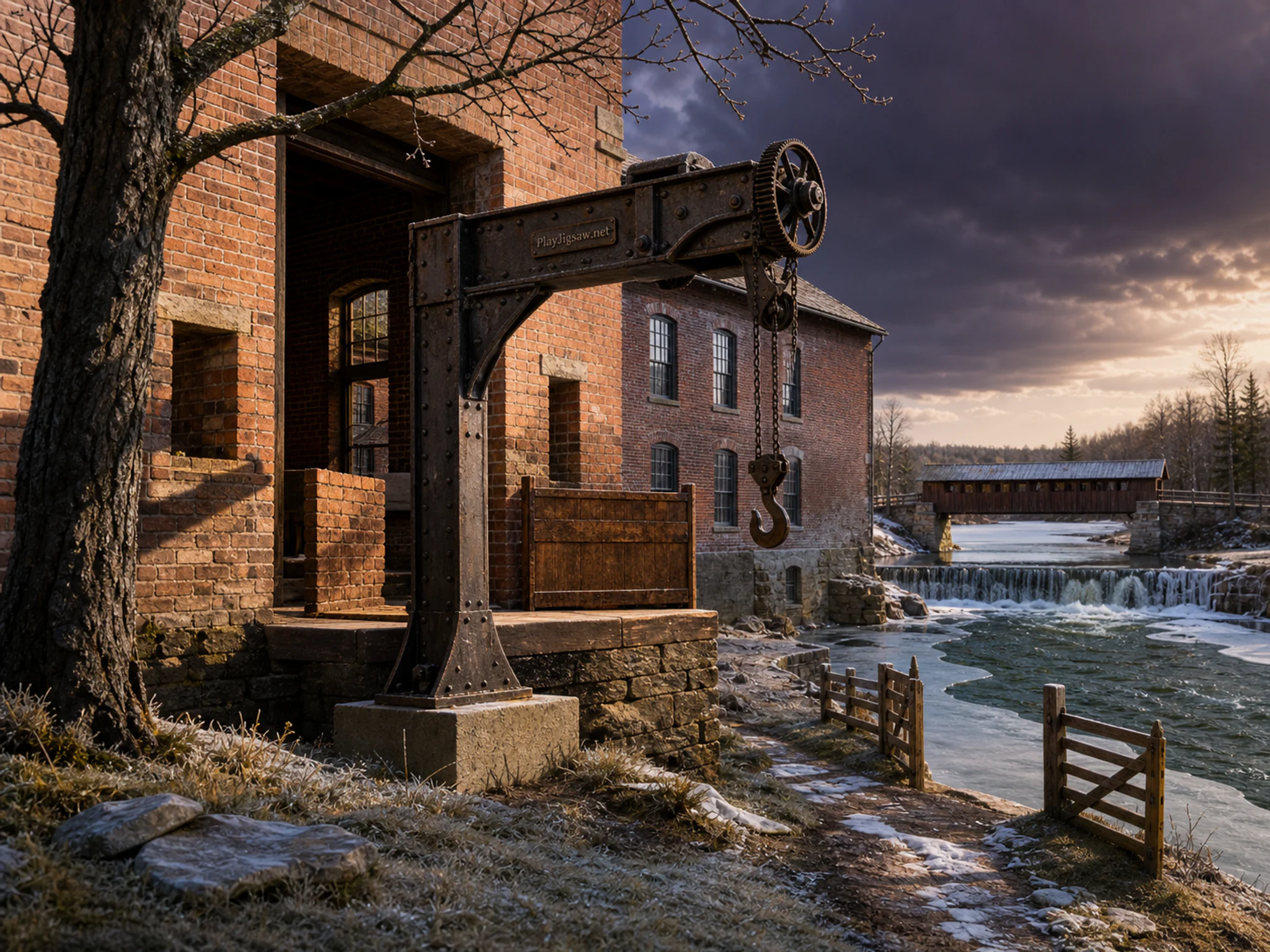 Brick Textile Mill framing riveted iron hoist in a restored industrial riverside, composed as layered environmental section showing a clear above-below, near-far, wet-dry, or.
