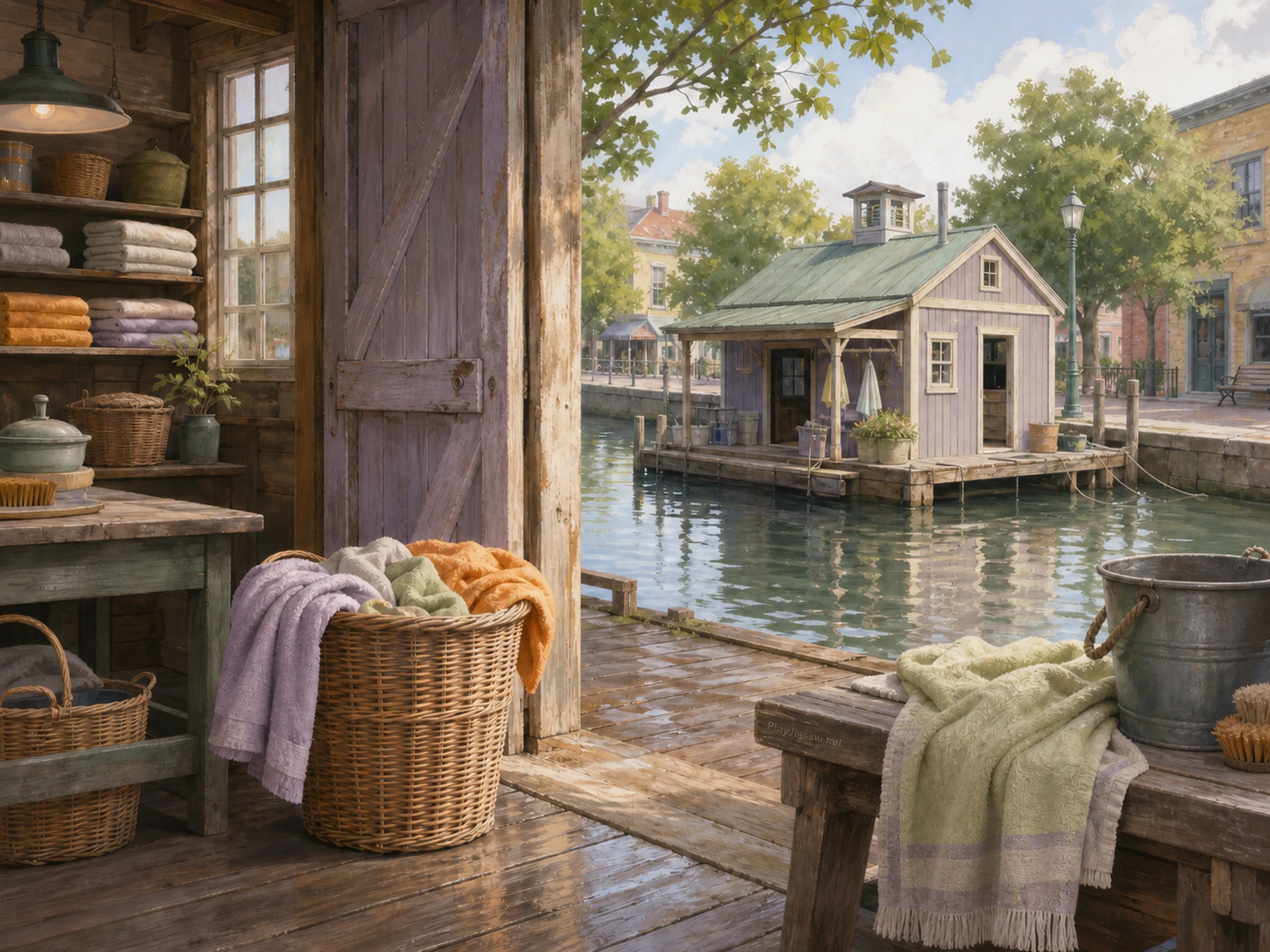 harbor warehouse standing naturally beside a wicker towel basket in a modest floating bathhouse moored beside a tree-lined canal street, with familiar objects and bright diffused.