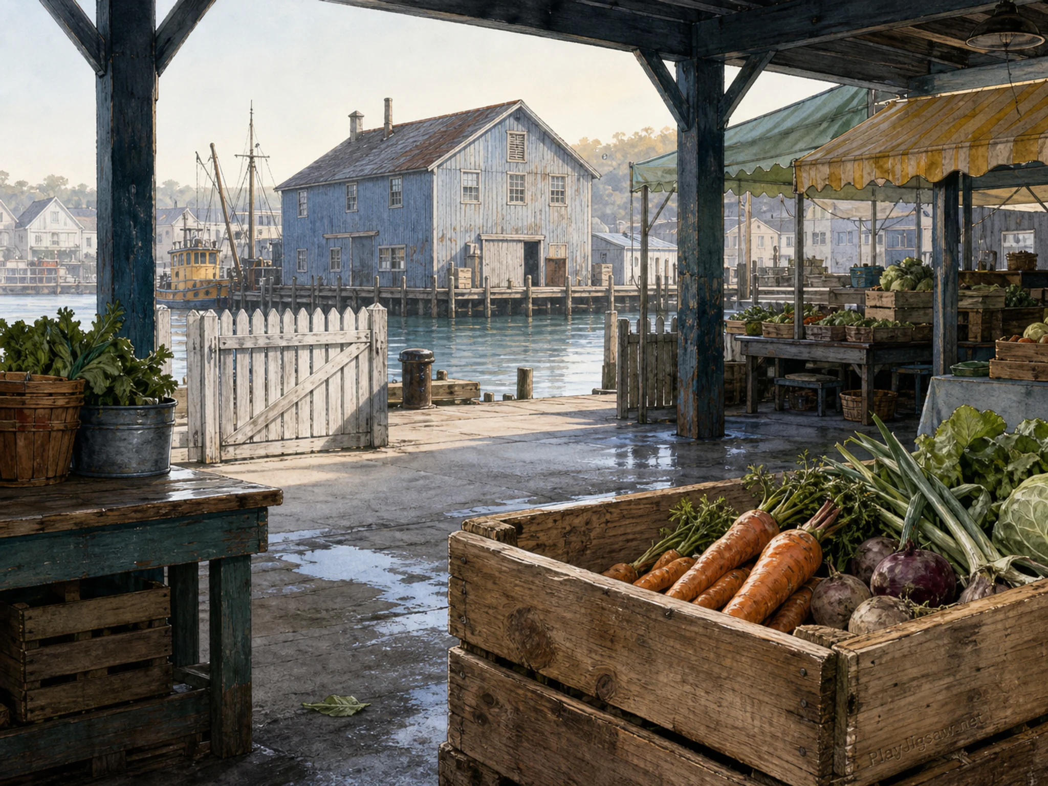 harbor warehouse standing naturally beside a wooden produce crate in a covered neighborhood market hall before opening, with familiar objects and clear early-morning light.