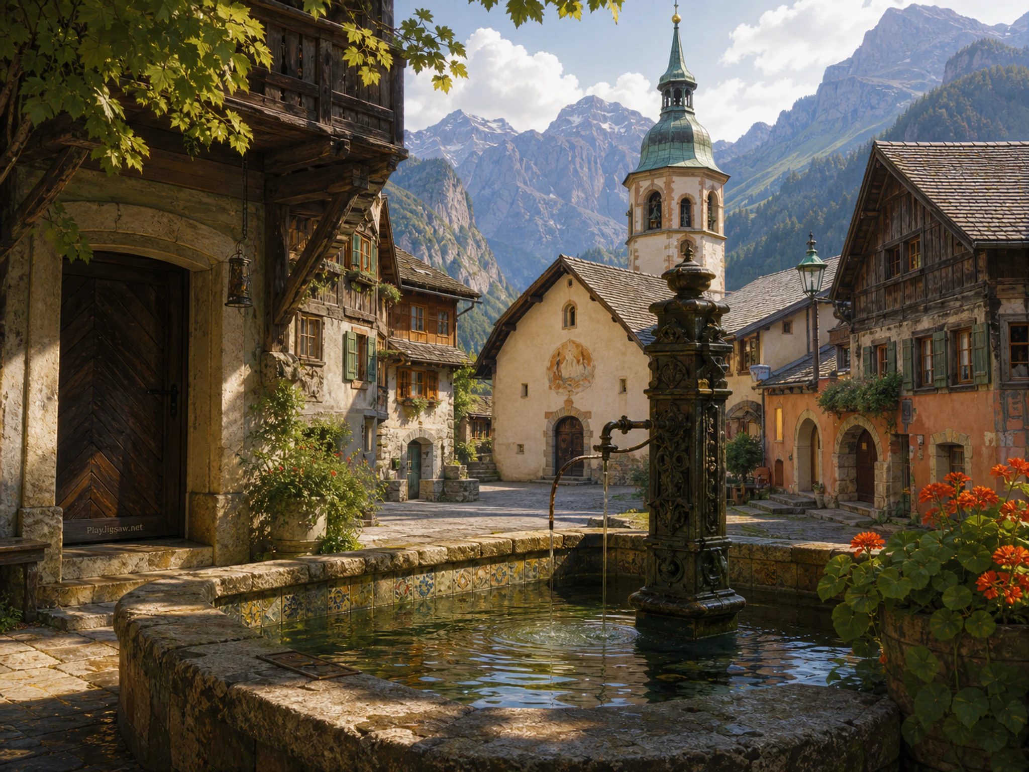 Alpine Bell Village surrounding tiled fountain basin in a compact historic street, composed as panoramic stepped-depth scene with five large landmarks and quiet intervals between.