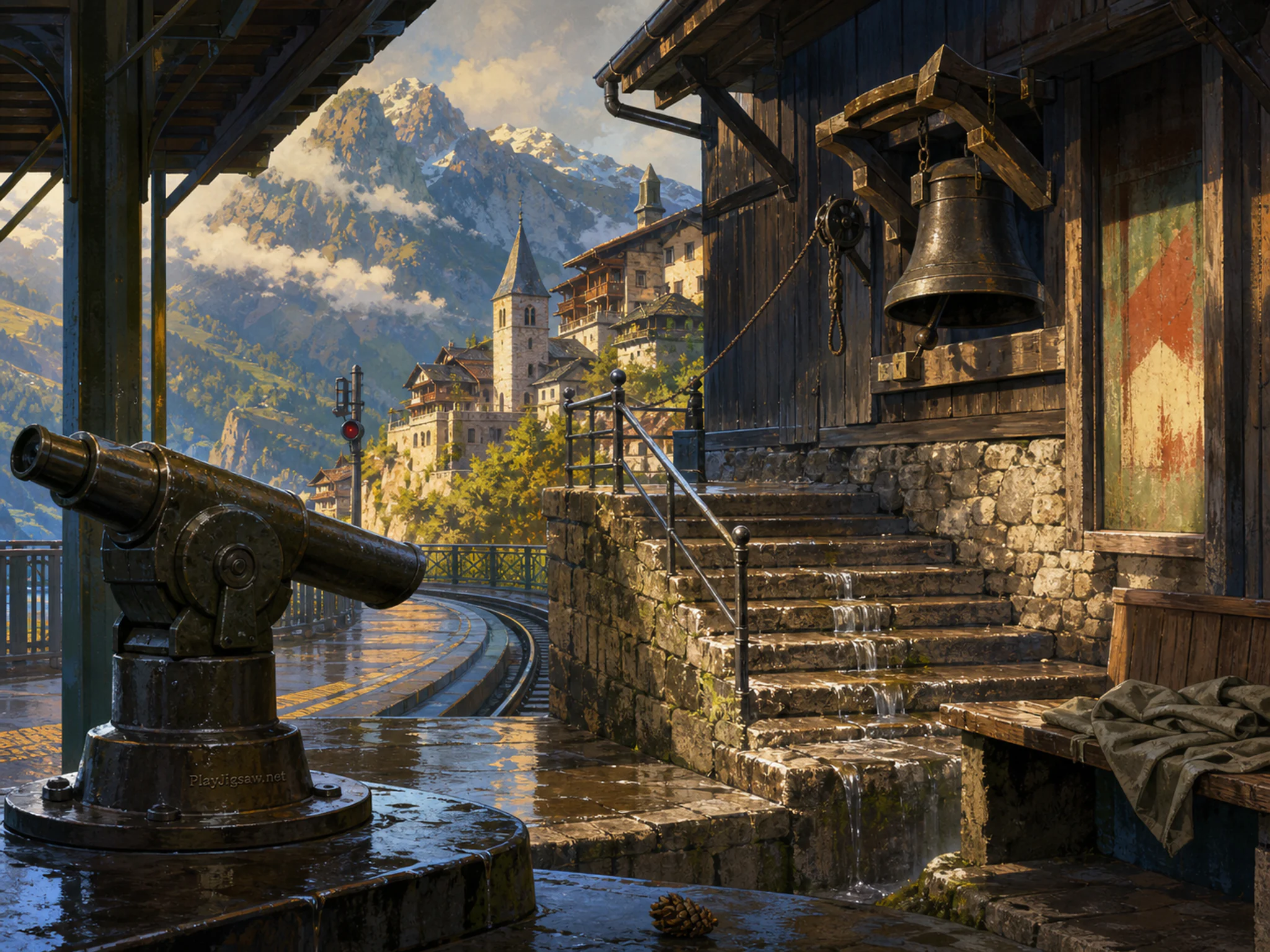 Alpine Bell Village overlooking stone stair landing in a rain-bright transit platform, composed as compressed long-lens layers with one dominant silhouette, two partial overlaps.