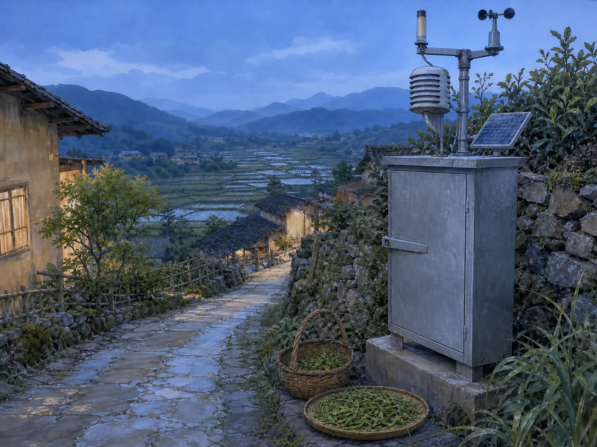 cliff tea village standing naturally beside a galvanized instrument cabinet in a small hill weather station above rice fields and low farmhouses, with familiar objects and cool.