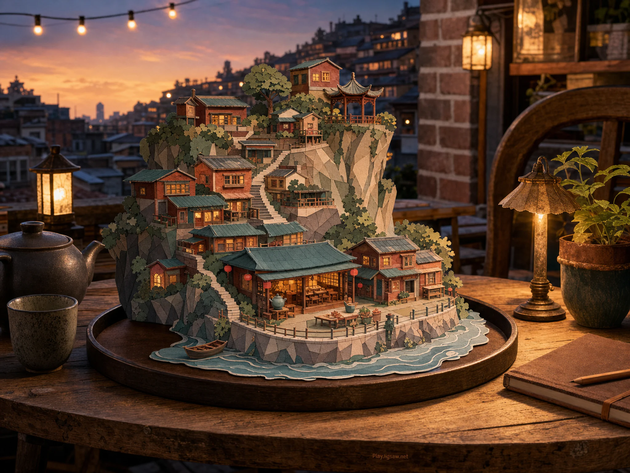 cliff tea village standing naturally beside a round serving tray in a neighborhood rooftop cafe after closing with no people, with familiar objects and warm lamplight at dusk.
