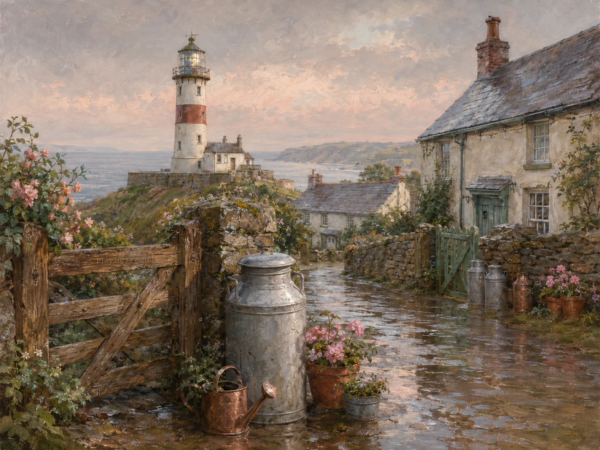 coastal lighthouse standing naturally beside a galvanized milk can in a highland stone village lane with garden gates and milk cans, with familiar objects and gentle rain with.
