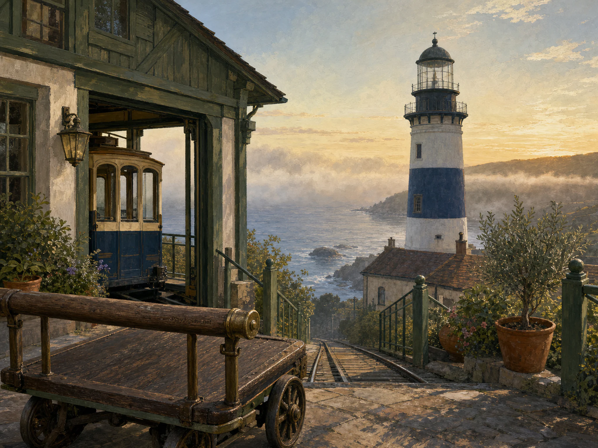 coastal lighthouse standing naturally beside an old luggage trolley in a small hillside funicular depot with potted plants, with familiar objects and calm misty dawn.