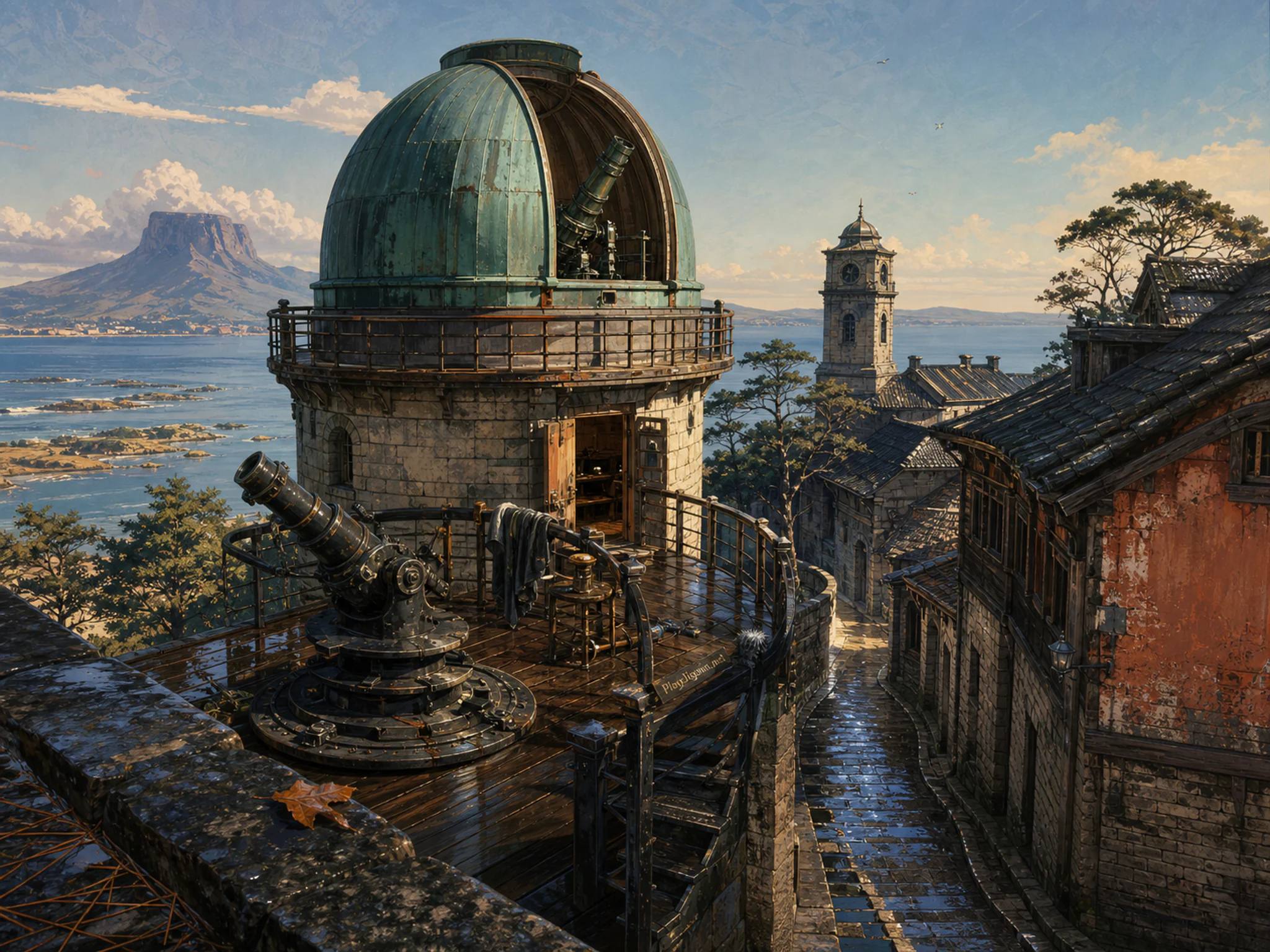 Moon Observatory rising above precision telescope mount in a compact historic street, composed as elevated three-quarter view from a believable lookout, with a foreground edge, a.