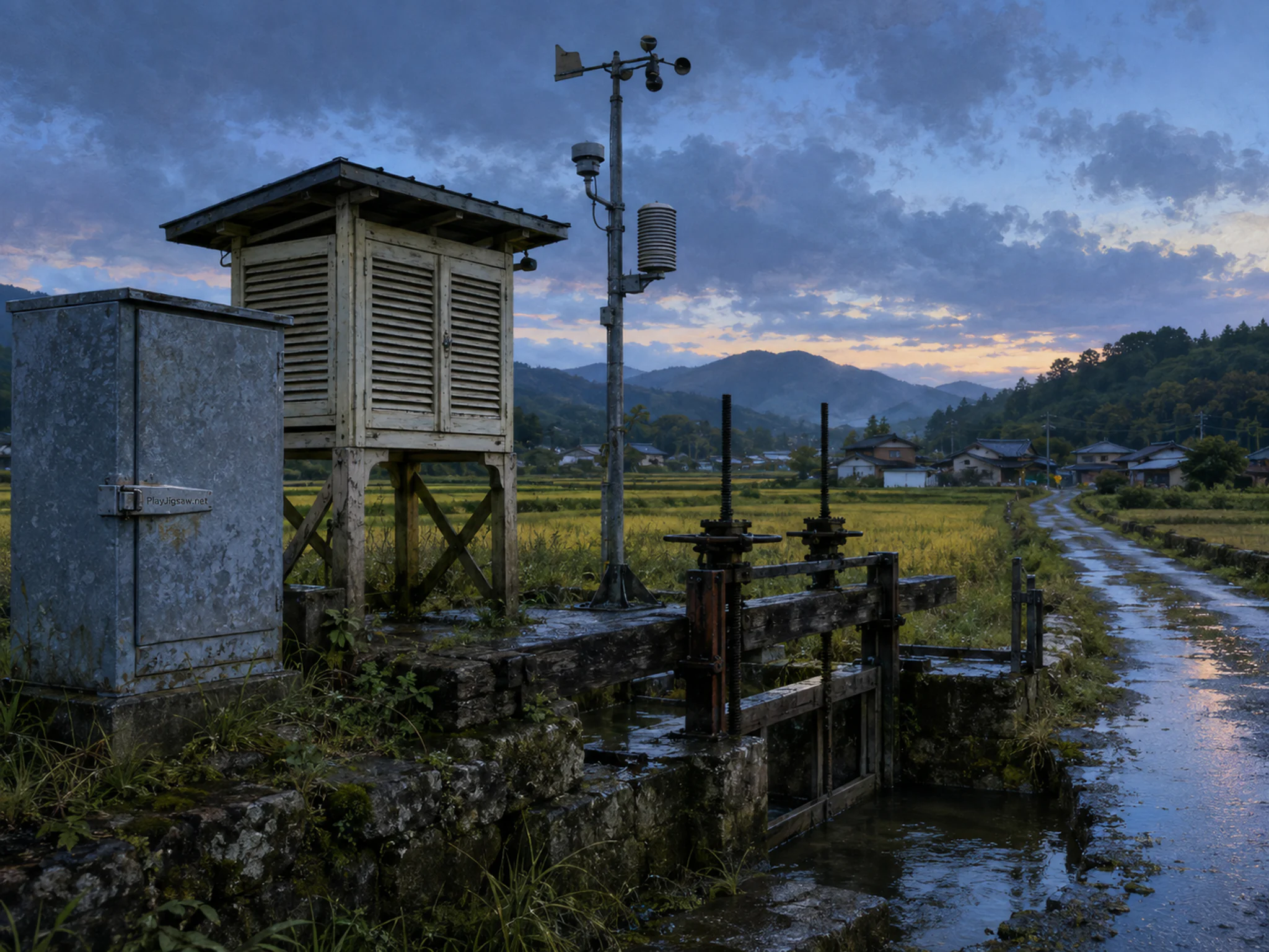 canal lock station standing naturally beside a galvanized instrument cabinet in a small hill weather station above rice fields and low farmhouses, with familiar objects and cool.
