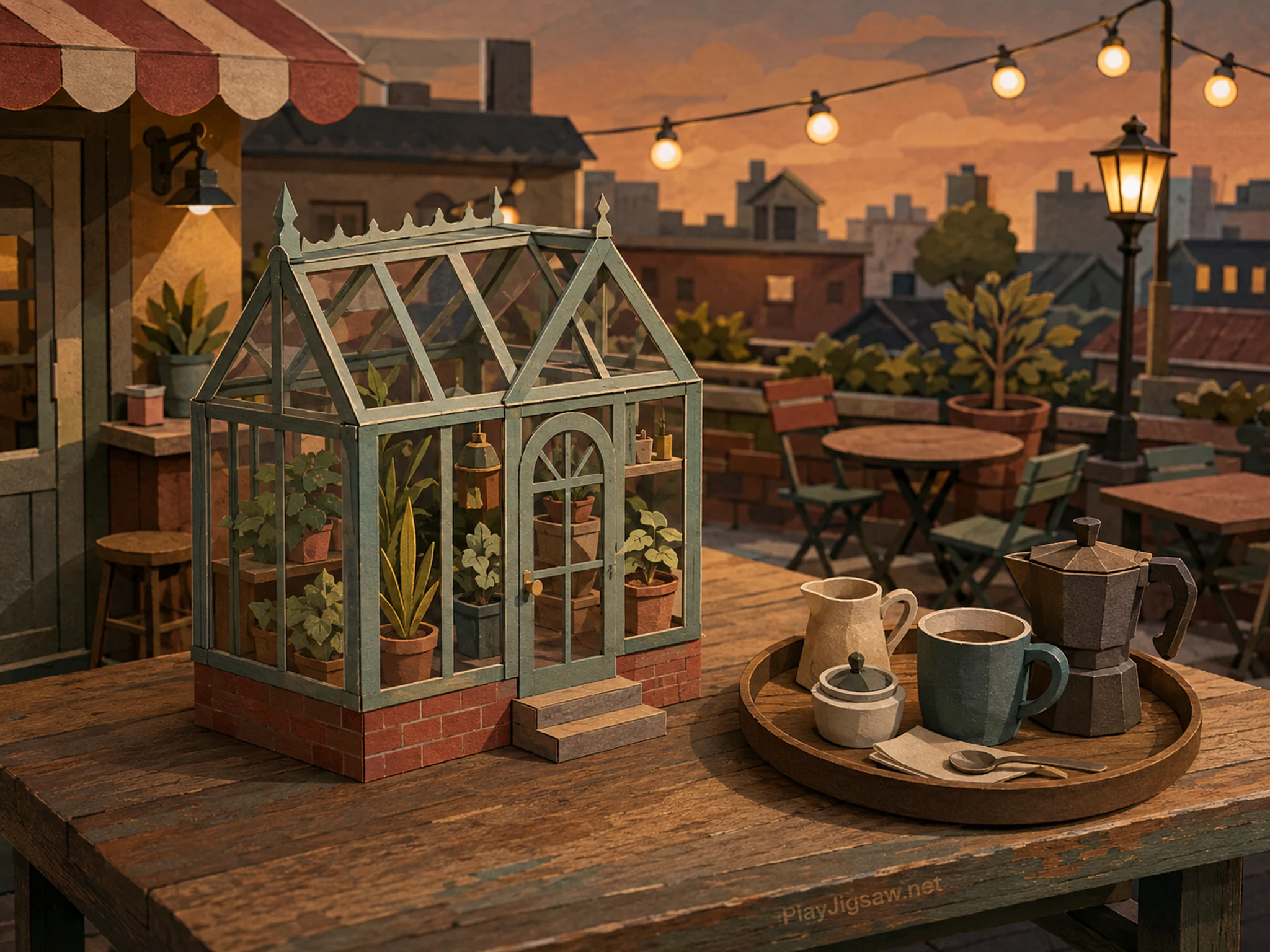 glasshouse platform standing naturally beside a round serving tray in a neighborhood rooftop cafe after closing with no people, with familiar objects and warm lamplight at dusk.