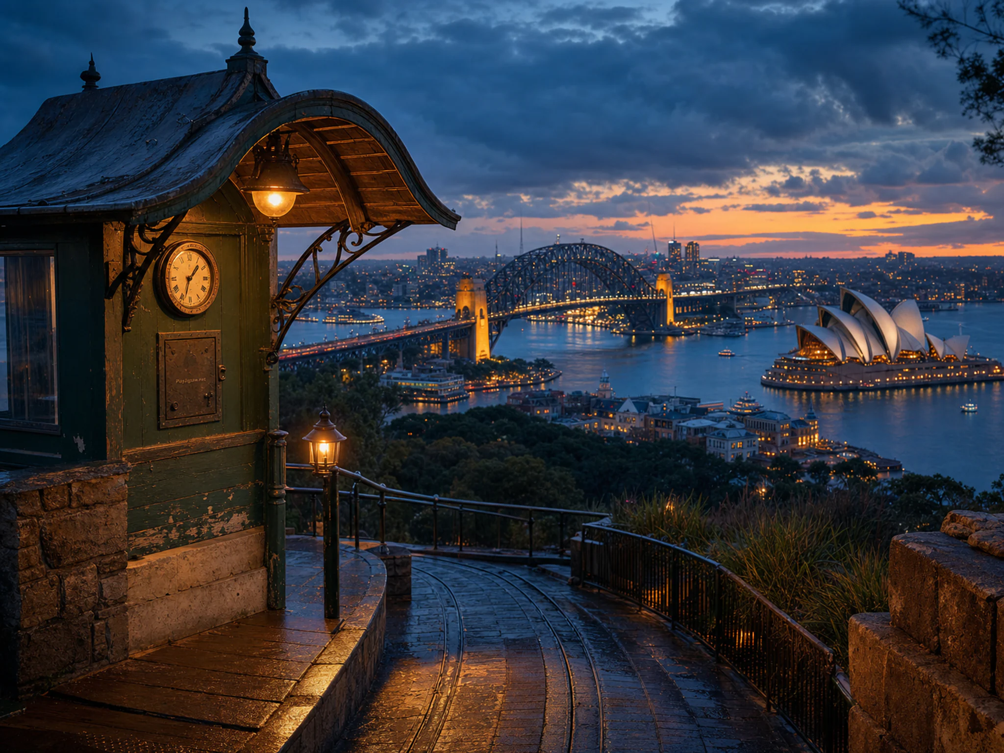 Tram Ticket Canopy anchoring arched wooden doorway in a broad twilight skyline, composed as elevated three-quarter view from a believable lookout, with a foreground edge, a.