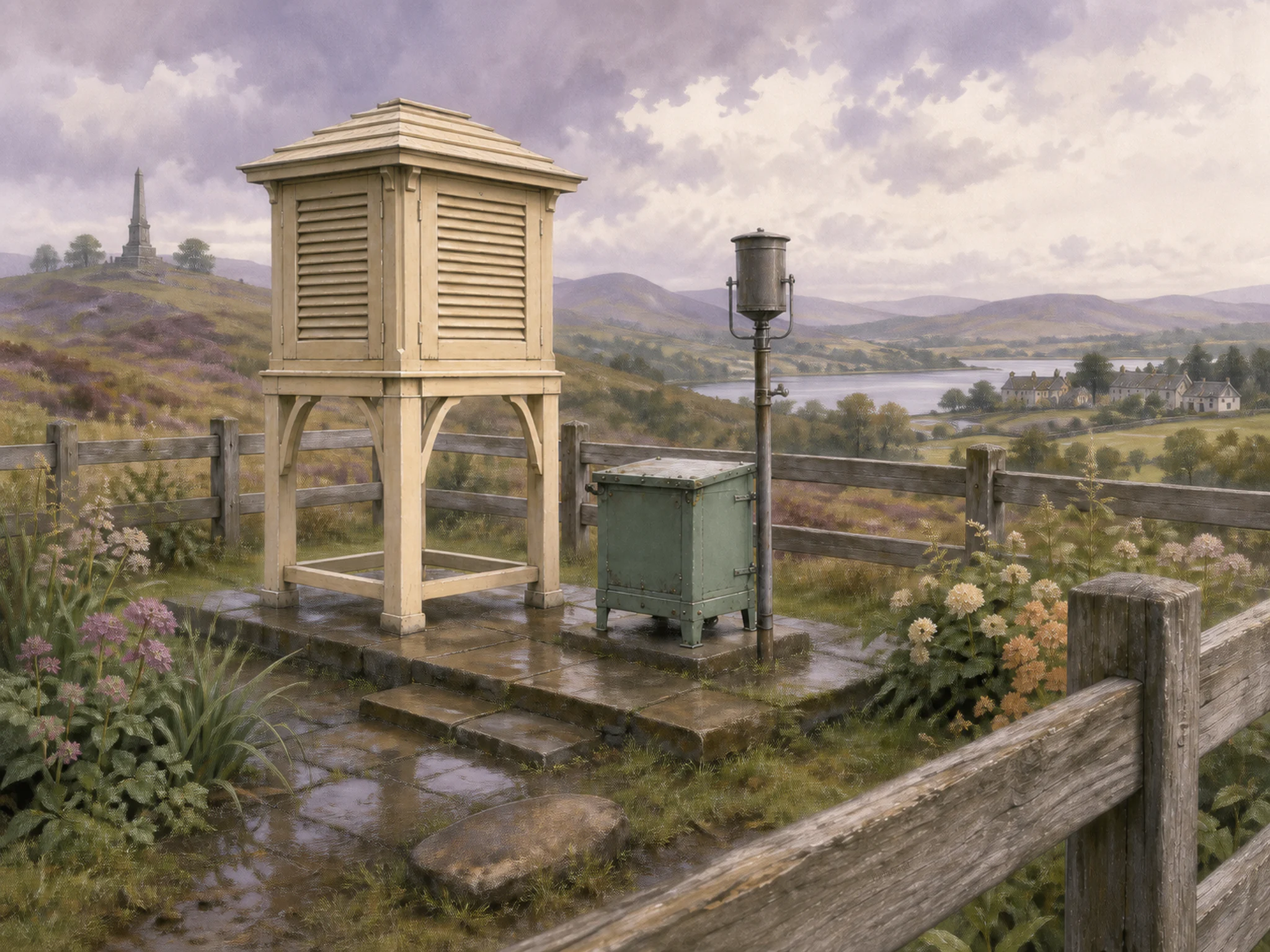 art deco booth standing naturally beside a weatherproof instrument box in a rural hill weather station beside a garden fence, with familiar objects and soft overcast afternoon.