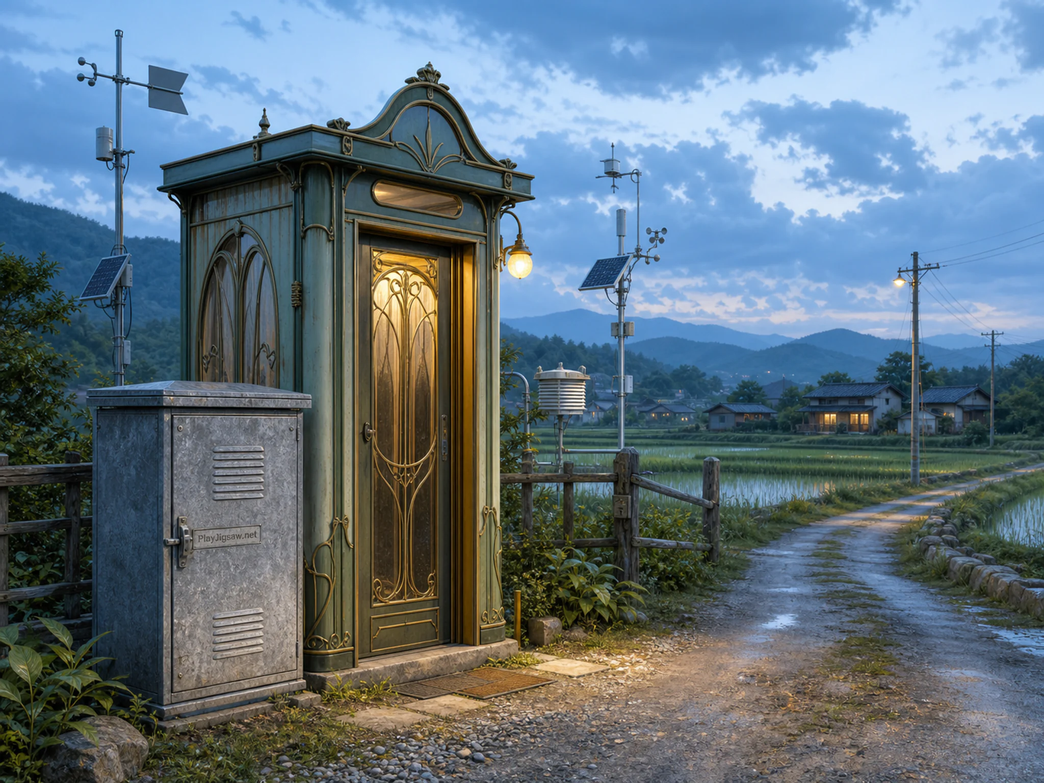 art nouveau elevator standing naturally beside a galvanized instrument cabinet in a small hill weather station above rice fields and low farmhouses, with familiar objects and.