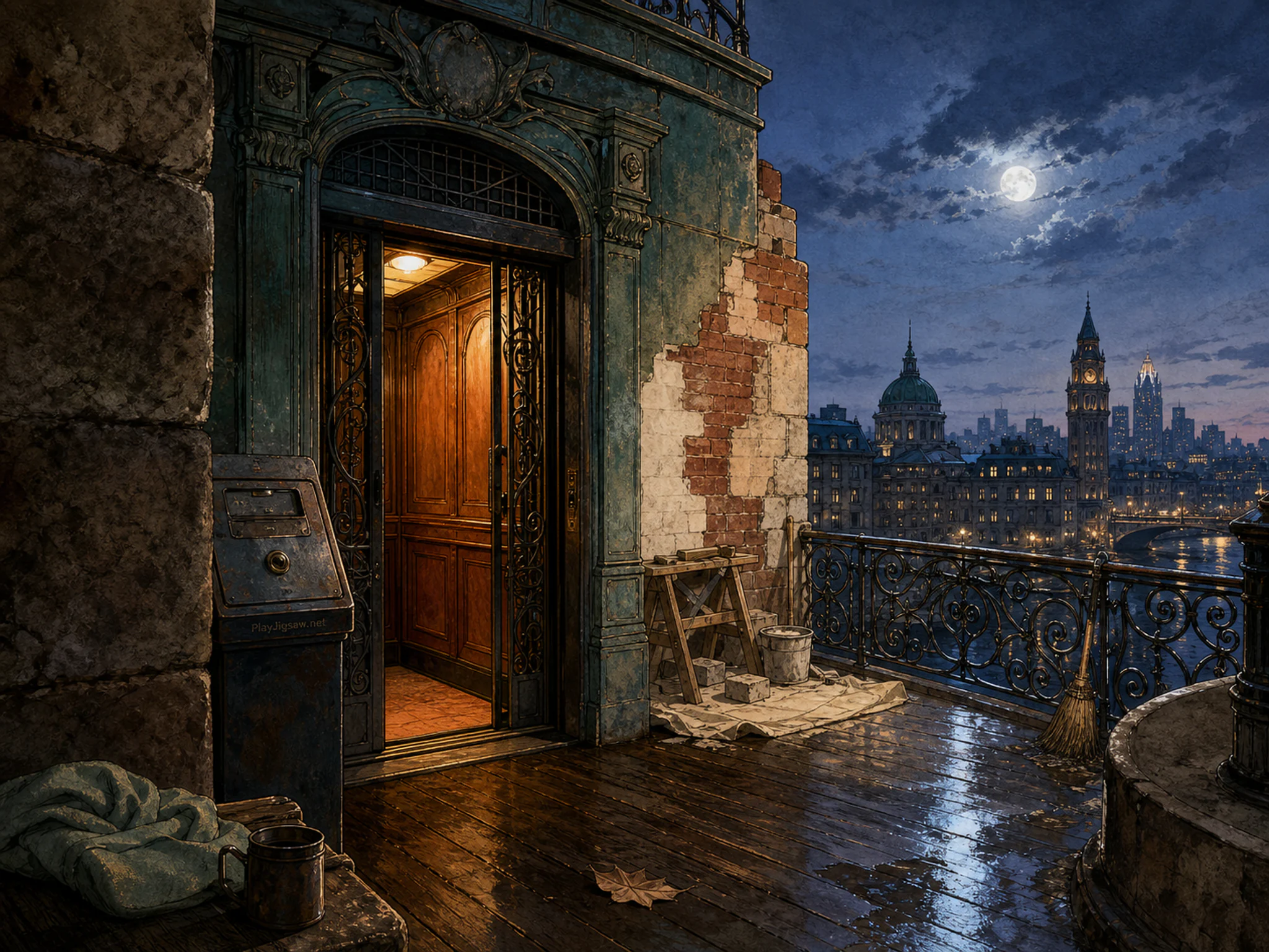 Art Nouveau Elevator revealing ornamental iron railing in a broad twilight skyline, composed as view around a near corner or natural obstruction, revealing the main subject.
